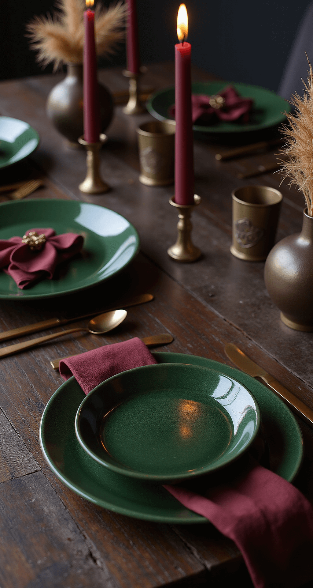 Modern Thanksgiving Table Decor: How I Transformed My Dining Room Into Something Actually Instagram-Worthy Dramatic Thanksgiving table setting featuring deep emerald green ceramic plates, burgundy linen napkins, gold metallic flatware, and plum-colored taper candles, with dried pampas grass in a single vase, all on a dark wood table illuminated by soft side lighting.