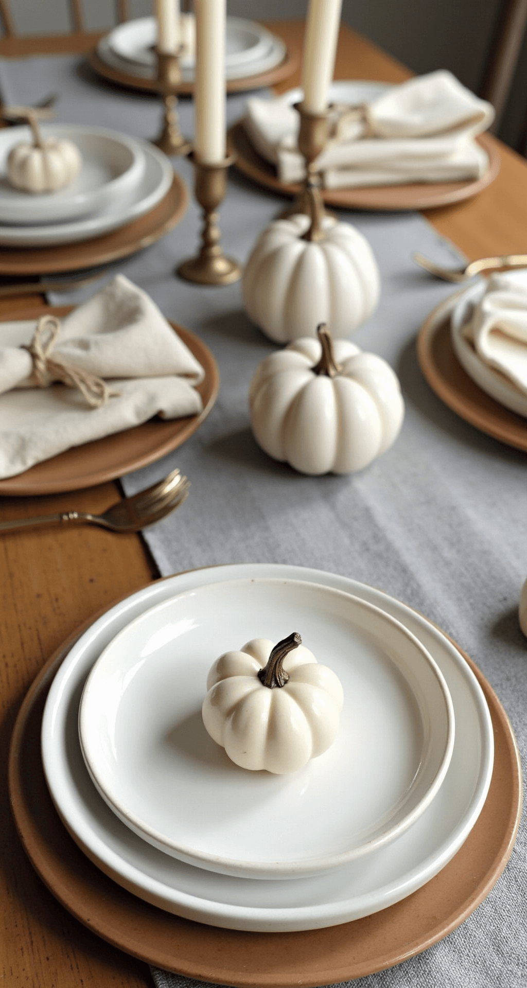 Modern Thanksgiving Table Decor: How I Transformed My Dining Room Into Something Actually Instagram-Worthy A cozy Thanksgiving table set in warm neutral tones, featuring compact dinnerware, a soft grey linen runner, three white ceramic mini-pumpkins as a centerpiece, brass taper candles in slender holders, and handwritten kraft paper name cards tied with twine, all captured from an intimate angle to emphasize minimalist styling and warmth.