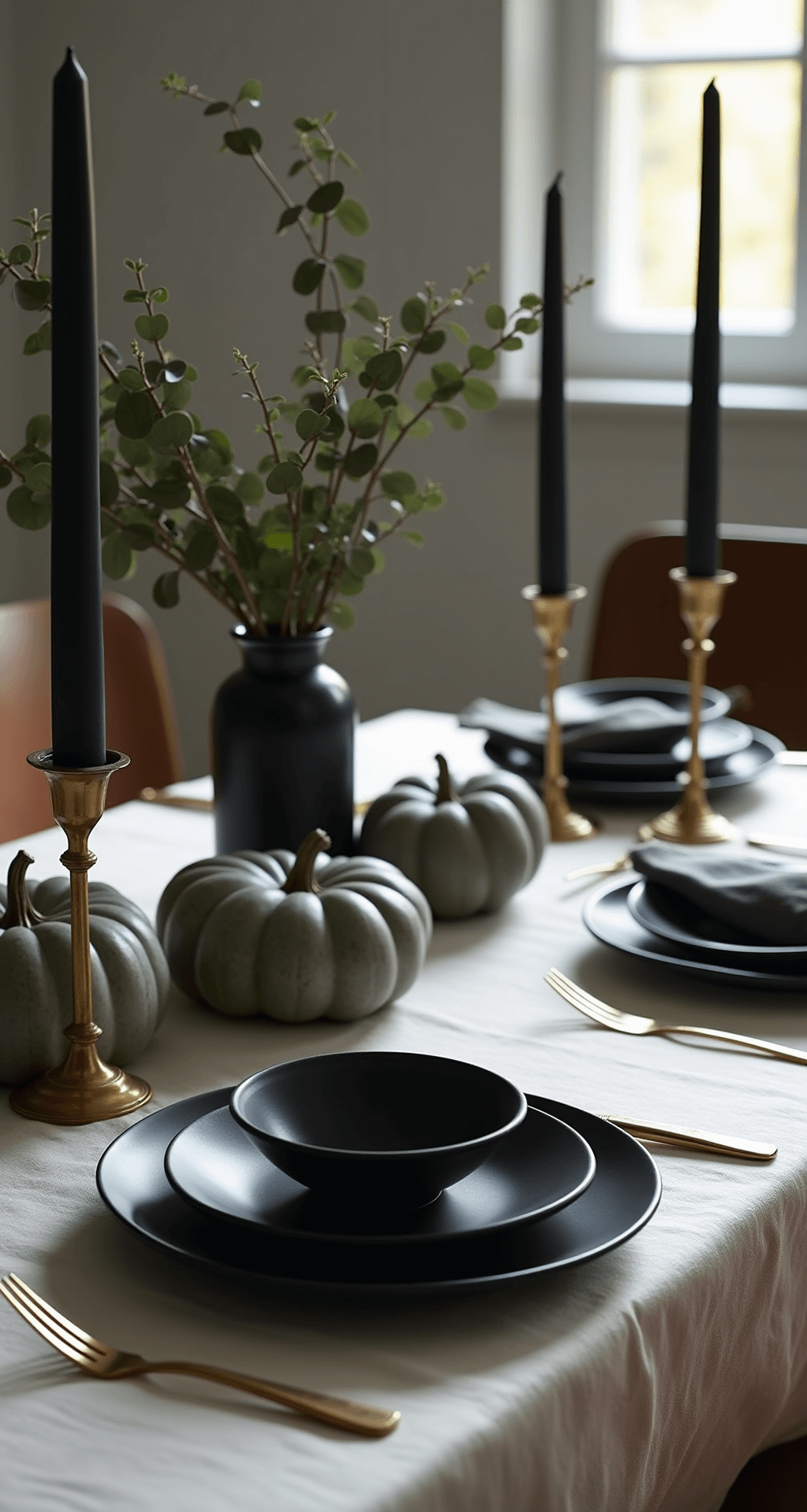 Modern Thanksgiving Table Decor: How I Transformed My Dining Room Into Something Actually Instagram-Worthy A moody minimalist Thanksgiving table featuring matte black dinnerware on white linens, with grey ceramic pumpkins arranged asymmetrically, brass candlesticks casting dramatic shadows, a single statement vase with fresh eucalyptus, and sleek gold flatware, captured from a low angle to highlight texture and depth in soft, diffused light.