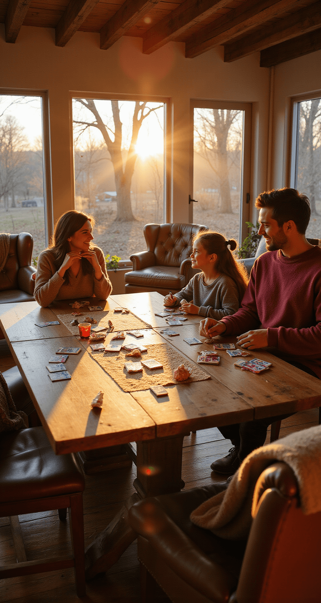 The Ultimate Guide to Thanksgiving Party Games That'll Save Your Gathering From Awkward Silence A warmly lit living room during golden hour, showcasing a large farmhouse-style dining table with scattered game cards and colorful tissue paper remnants, surrounded by laughing family members in casual autumn clothing. Soft wool throw blankets adorn leather armchairs under an exposed wooden beam ceiling, with large windows allowing soft diffused sunlight to cast warm shadows on the hardwood floors, all accented by a rich burnt orange and deep cranberry color palette and textured elements like woven table runners and ceramic game pieces.
