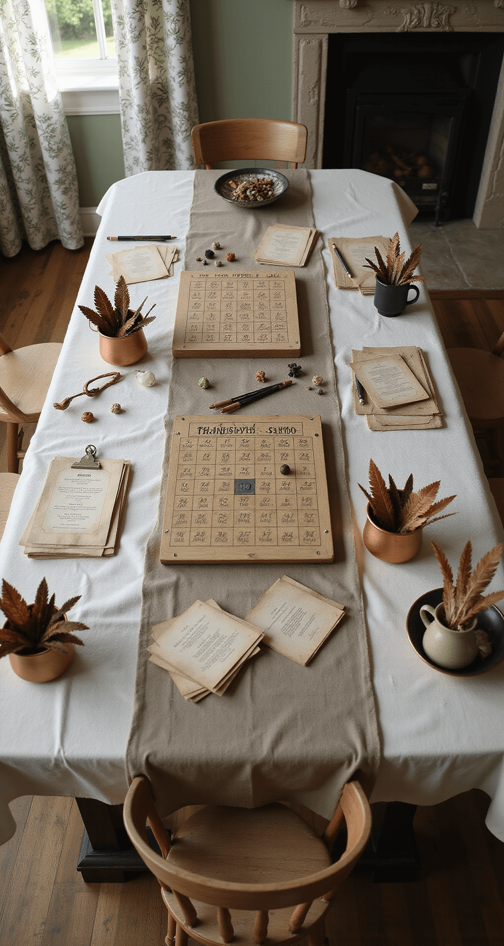The Ultimate Guide to Thanksgiving Party Games That'll Save Your Gathering From Awkward Silence Overhead shot of a rustic kitchen island featuring vintage game supplies for Thanksgiving, including wooden game boards, hand-drawn bingo cards, craft feathers in copper bowls, scattered pencils, and scoring sheets, all arranged on a natural linen tablecloth with soft morning light filtering through botanical print curtains in a sage green and warm taupe color scheme.