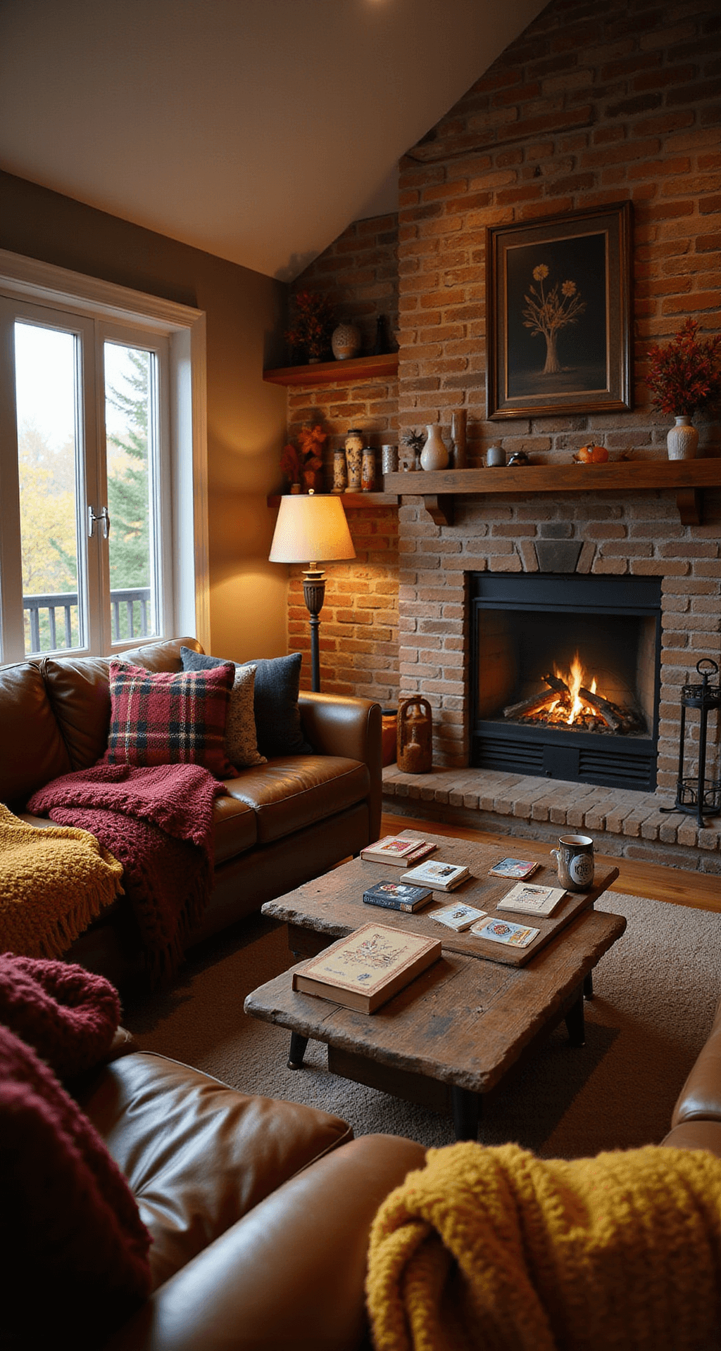 The Ultimate Guide to Thanksgiving Party Games That'll Save Your Gathering From Awkward Silence A cozy family room with a multigenerational group engaged in an animated game of charades, featuring plaid wool throw pillows on a leather sectional, vintage game cards on a reclaimed wood coffee table, amber lighting from mid-century lamps, and an exposed brick fireplace adorned with autumn decor. The scene showcases a rich burgundy and mustard yellow color palette with textured knit throws and playful interactions among family members.