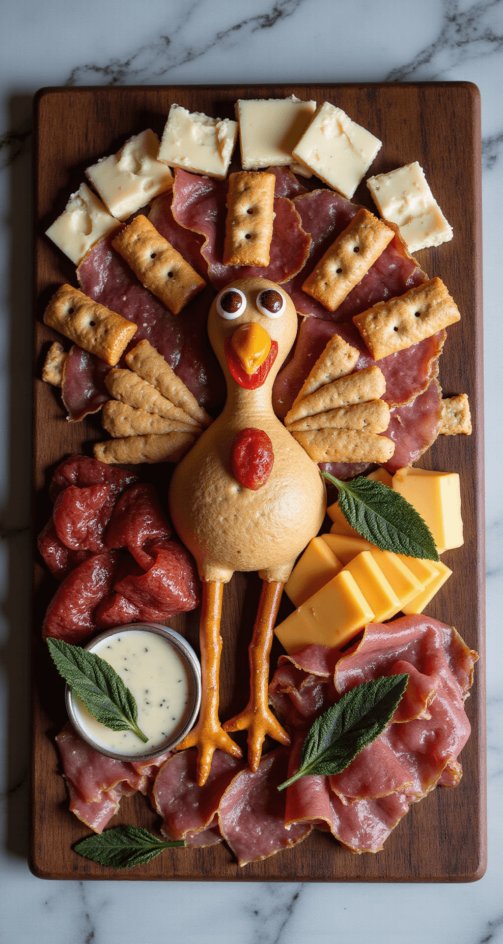 The Thanksgiving Turkey Charcuterie Board That'll Make You the Holiday Hero Professional food photography of a Thanksgiving turkey-shaped charcuterie board arranged on a dark walnut wooden surface, featuring layers of meat and cheese in the shape of a turkey, crisp pretzel cracker feathers, candy eyeballs, and a pepperoni gobbler, highlighted by soft natural window light and deep warm colors.