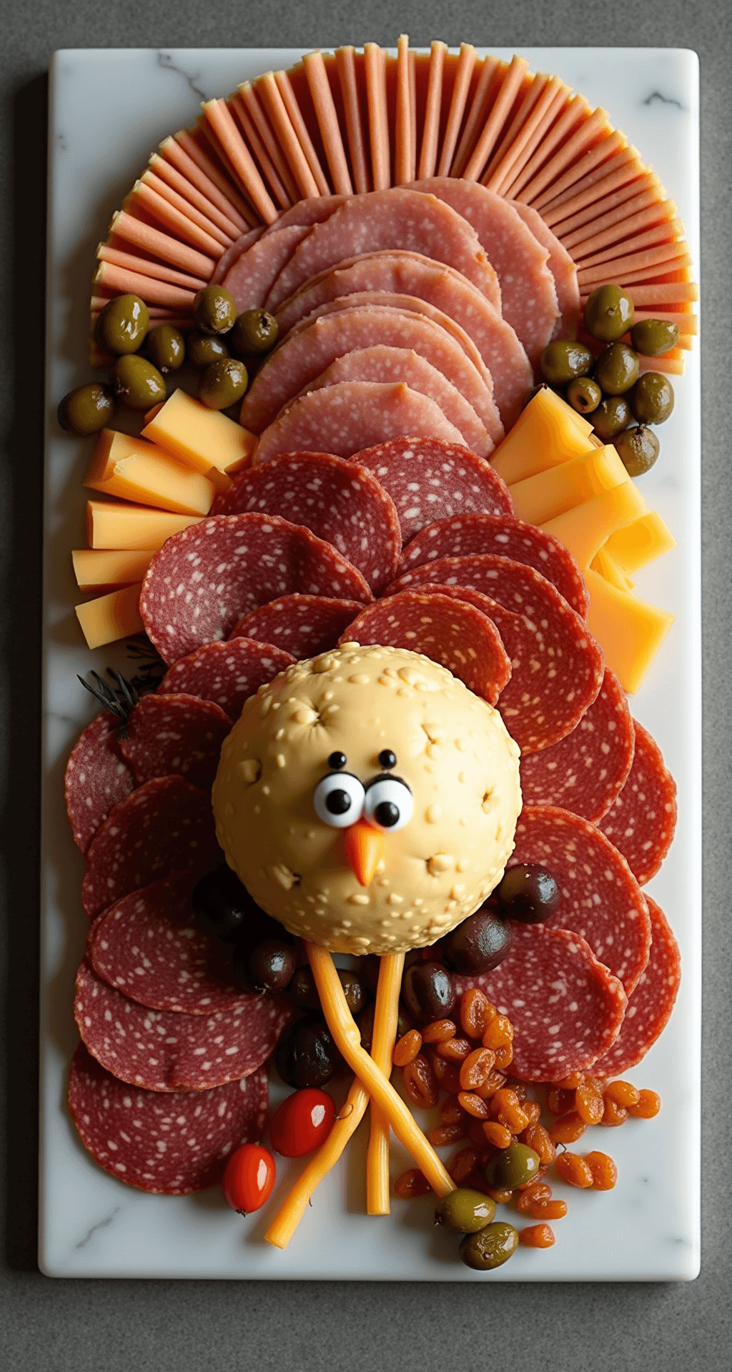 The Thanksgiving Turkey Charcuterie Board That'll Make You the Holiday Hero Overhead shot of a Thanksgiving charcuterie board styled like a turkey, featuring honey ham 'feathers', salami and pepperoni semicircles, cheddar cheese 'legs', and a central cheese ball with candy eyes, adorned with olives, dried apricots, and cornichons, all on a rustic white marble platter with warm side lighting.