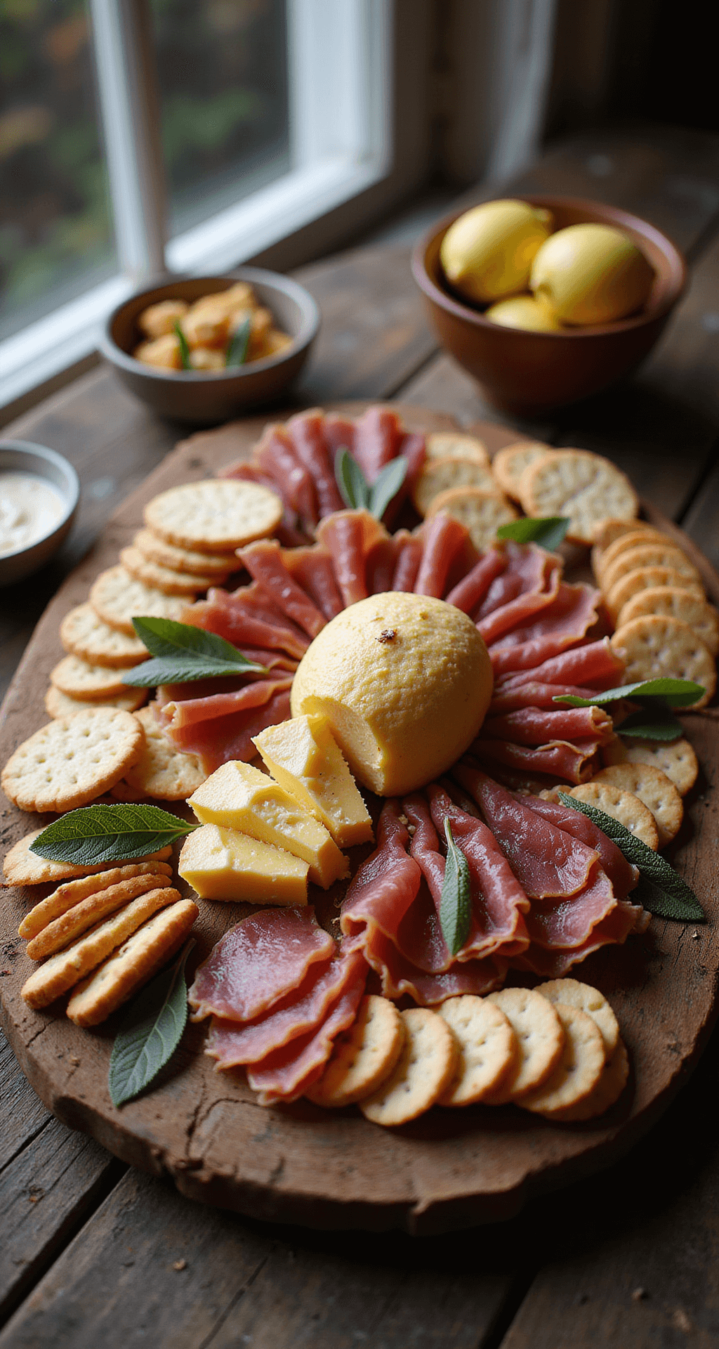 The Thanksgiving Turkey Charcuterie Board That'll Make You the Holiday Hero Cinematic food photography of a Thanksgiving turkey charcuterie board arranged on a dark wooden surface, featuring a central cheese ball surrounded by a semicircular display of meats and crackers, with ruffled ham slices mimicking feathers and garnished with sage leaves and small bowls of accompaniments. The image captures soft shadows and warm autumnal colors, highlighting the textures and details of the ingredients.