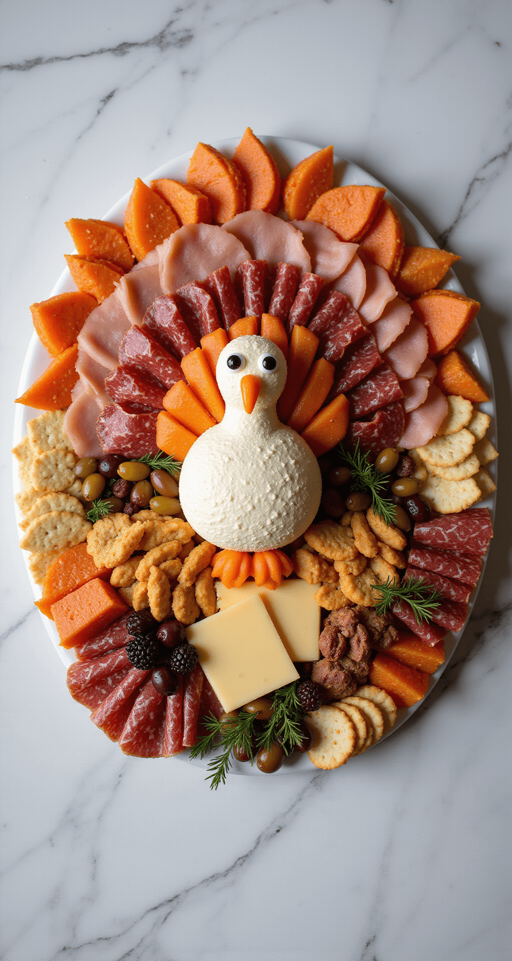 The Thanksgiving Turkey Charcuterie Board That'll Make You the Holiday Hero Thanksgiving turkey charcuterie board featuring cured meats arranged in a turkey silhouette, surrounded by a cheese ball with candy eyes, pepperoni, crackers, and cheese slices, garnished with herbs, olives, and dried fruits on a white marble surface.