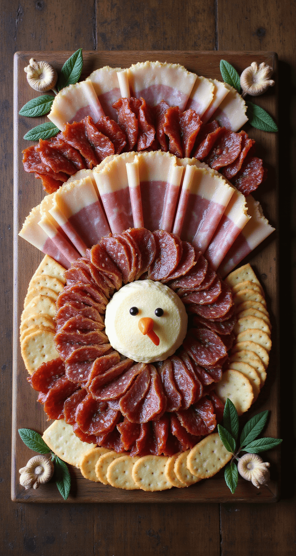 The Thanksgiving Turkey Charcuterie Board That'll Make You the Holiday Hero A top-down view of a Thanksgiving turkey charcuterie board on a dark walnut surface, featuring layered meats and cheeses in the shape of a turkey, with accordion-folded ham feathers, a cheese ball centerpiece with a whimsical face, arranged salami and pepperoni semicircles, garnished with fresh sage and decorative bowls, illuminated by soft natural light.