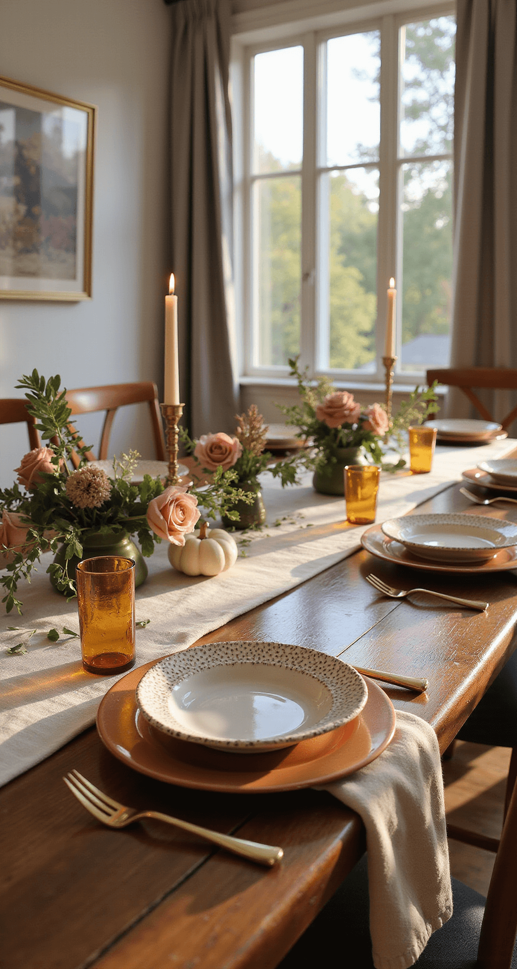 Thanksgiving Table Settings That Actually Make Your Guests Say "Wow" Elegantly styled Thanksgiving dining room with a handcrafted wooden table set with bronze chargers and cream plates, adorned with low floral arrangements of dusty pink roses and white pumpkins, illuminated by soft golden light from large windows.