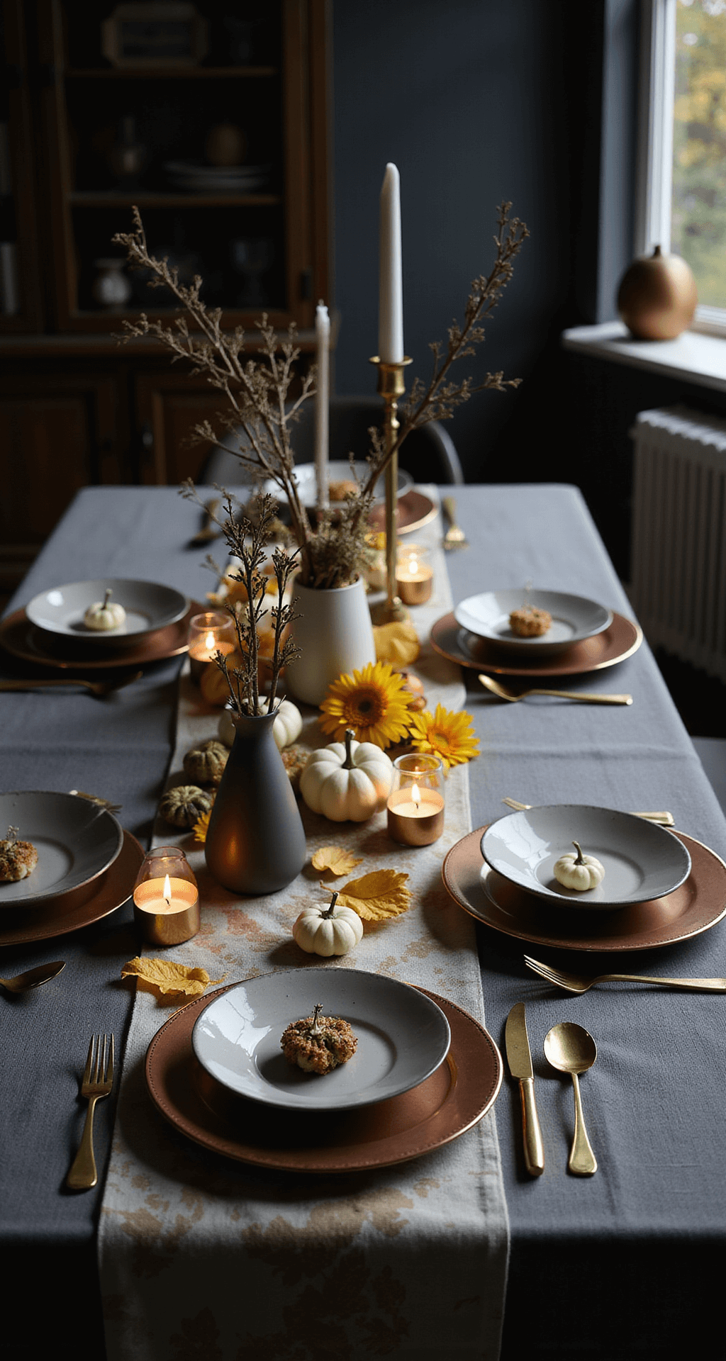 Thanksgiving Table Settings That Actually Make Your Guests Say "Wow" Moody Thanksgiving table setting with dark gray linen, geometric runner, copper-rimmed plates, matte white dinnerware, asymmetrical centerpiece of white mini pumpkins and copper turkey figurines, slender olive branches in bud vases, and intimate lighting from brass votives.