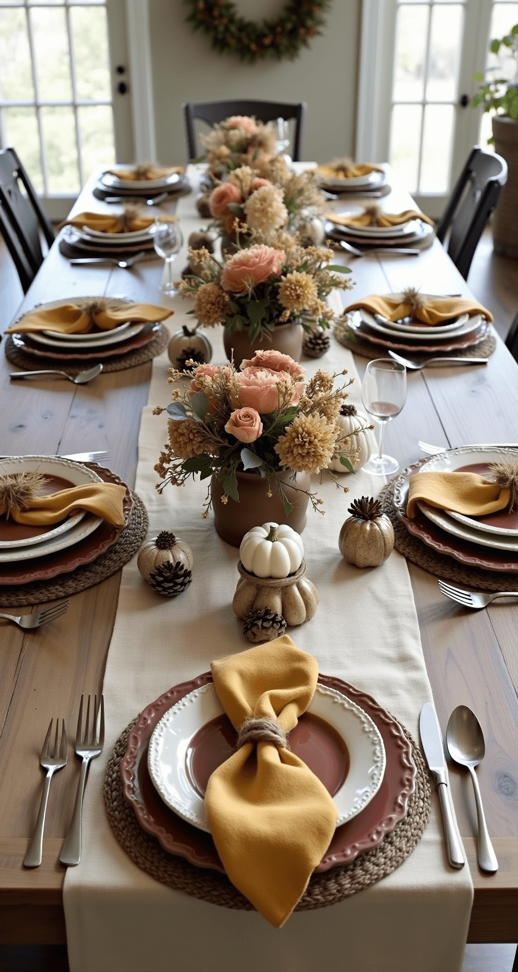 Thanksgiving Table Settings That Actually Make Your Guests Say "Wow" Warm Thanksgiving table setting in a rustic farmhouse, featuring a natural wood table with a cream linen tablecloth, scalloped wine-tone charger plates, cream plates, and mustard linen napkins tied with twine. A low floral arrangement of antique hydrangeas and pink roses in a vintage bronze vase is complemented by decorative elements like artificial acorns, pinecones, and white pumpkins. The scene is softly lit by natural light from large windows, capturing an earthy color palette of browns, ambers, and neutrals.
