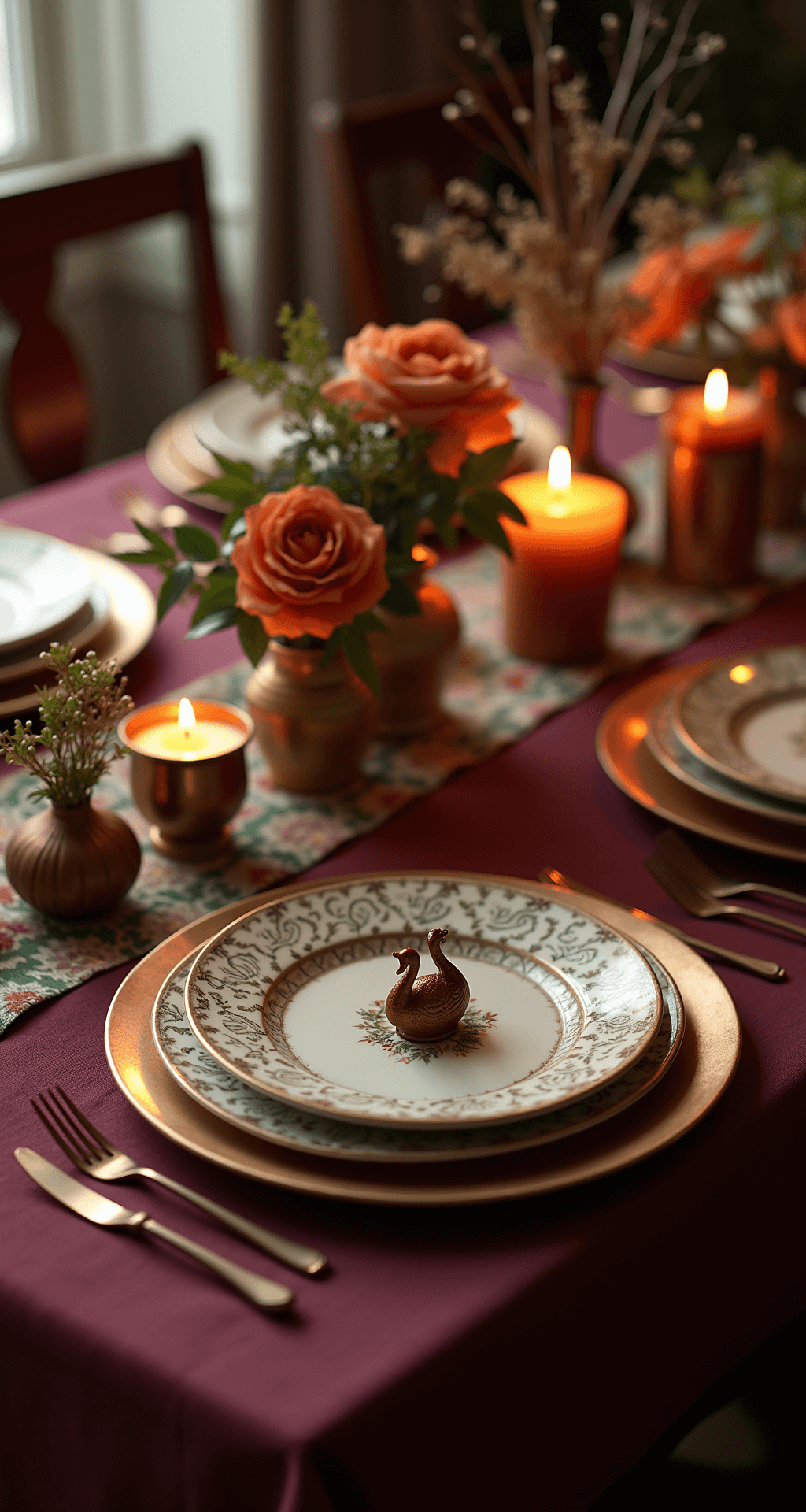 Thanksgiving Table Settings That Actually Make Your Guests Say "Wow" Warmly lit Thanksgiving table setting featuring a deep plum linen tablecloth, floral runner, metallic bronze charger plates, cream dinnerware, and patterned salad plates. Centerpiece includes mini bud vases, rose stems, and vintage copper turkey figurines. Soft candlelight from brass votives creates a romantic atmosphere, captured from a low angle with a dreamy, nostalgic focus.