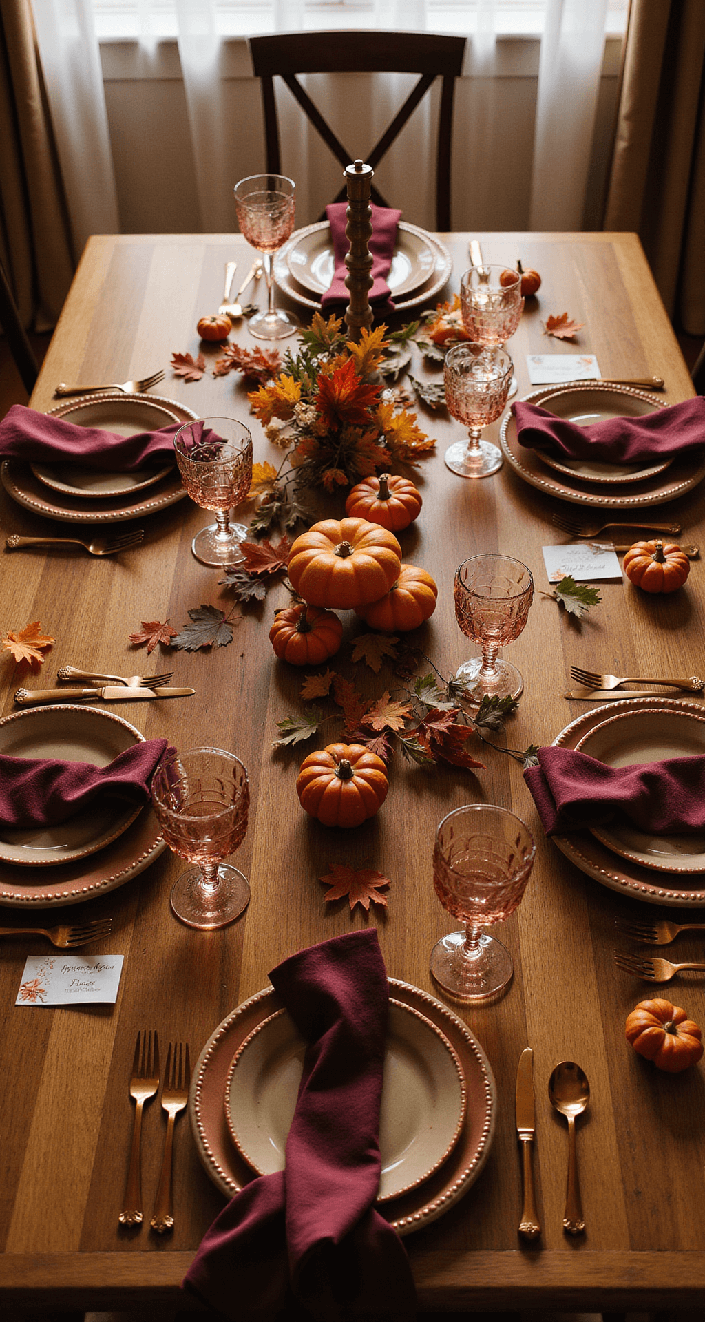 Thanksgiving Nail Art Ideas That'll Make Your Manicure the Star of the Dinner Table A beautifully arranged Thanksgiving dinner table viewed from above, featuring rich autumn-toned ceramic plates on a walnut wood surface, illuminated by soft golden light, with copper utensils, hand-painted place cards, burgundy velvet napkins, scattered dried maple leaves, and miniature pumpkins.