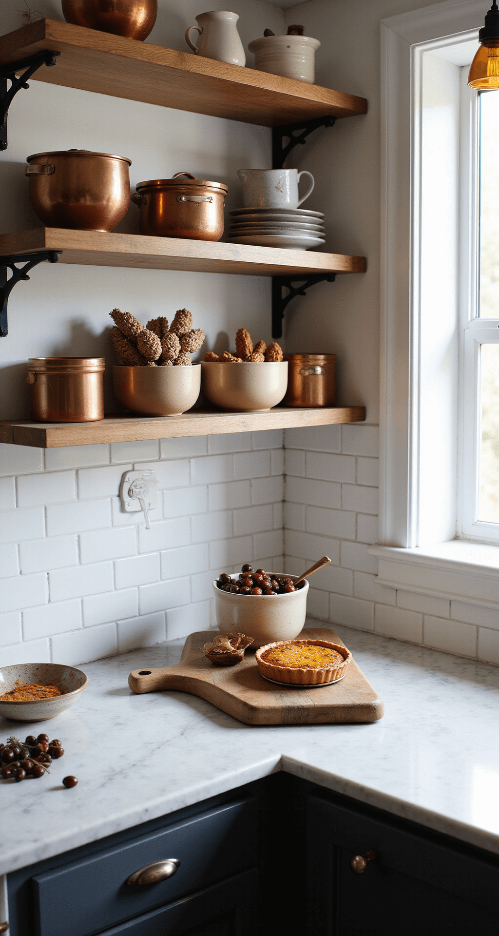 Thanksgiving Nail Art Ideas That'll Make Your Manicure the Star of the Dinner Table A cozy modern farmhouse kitchen corner featuring marble countertops, vintage iron hooks with hanging copper cookware, artisan ceramic bowls filled with cranberries and pecans, warm amber pendant lights, a wooden cutting board with a freshly baked pumpkin pie, and a white subway tile backsplash, all enhanced by natural window light.