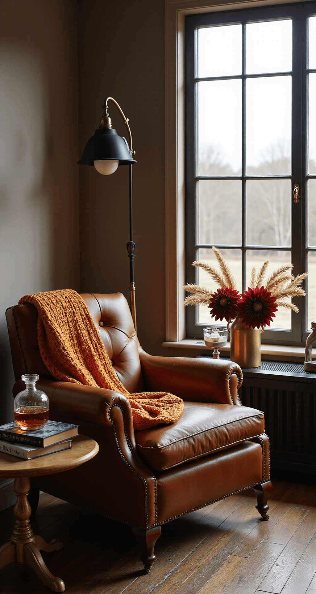 Thanksgiving Nail Art Ideas That'll Make Your Manicure the Star of the Dinner Table A cozy living room scene with a distressed leather armchair by a large window, adorned with a burnt orange knit throw. A side table holds a vintage brass lamp, while a coffee table showcases books on harvest and cooking, a crystal whiskey decanter, and a small bouquet of dried wheat and burgundy dahlias. The muted taupe walls and late afternoon golden hour lighting create a warm, inviting atmosphere.