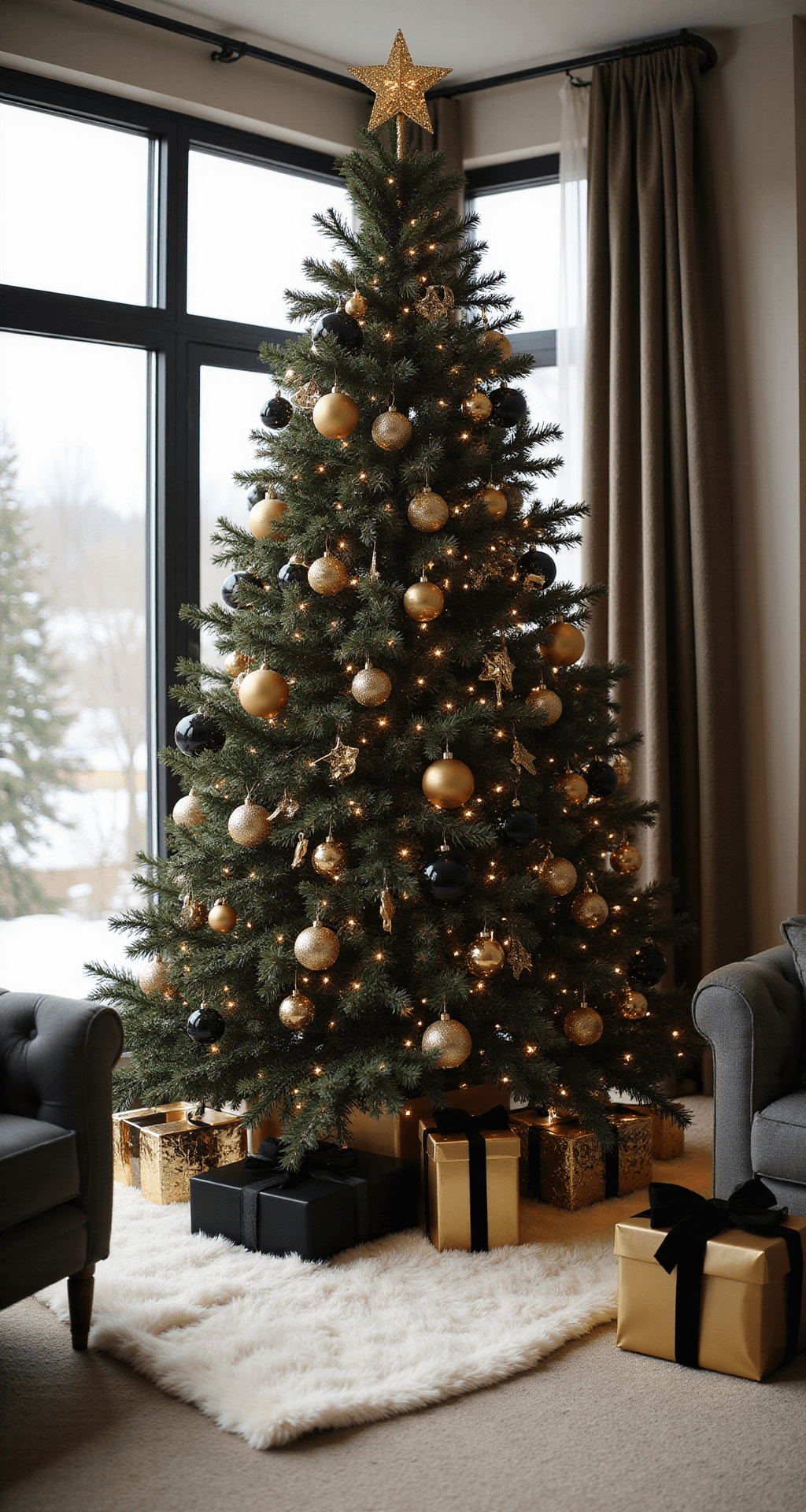 Black and Gold Christmas Tree: The Sophisticated Holiday Statement Your Living Room Desperately Needs A sophisticated living room featuring a dramatic black and gold Christmas tree adorned with layered ornaments, set against large windows with soft winter light. The tree is illuminated by warm white lights, surrounded by a white faux fur skirt and elegantly wrapped gift boxes, all within a neutral modern interior accented with gold details.