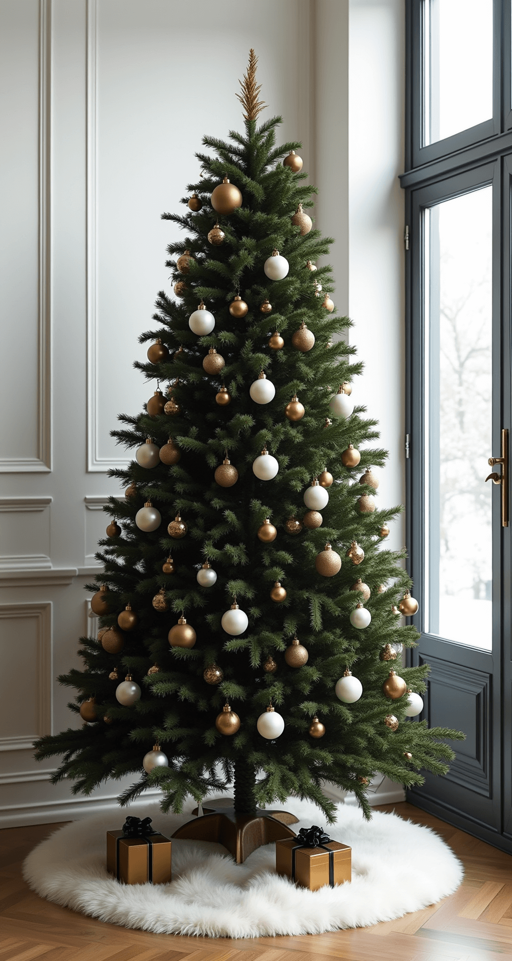 Black and Gold Christmas Tree: The Sophisticated Holiday Statement Your Living Room Desperately Needs A contemporary minimalist living space featuring a black and gold Christmas tree, illuminated by soft natural light from large windows. The tree, adorned with matte black and metallic gold baubles and white pearl accents, stands against a crisp white wall, complemented by a sleek white faux fur tree skirt and geometrically wrapped gift boxes beneath it.