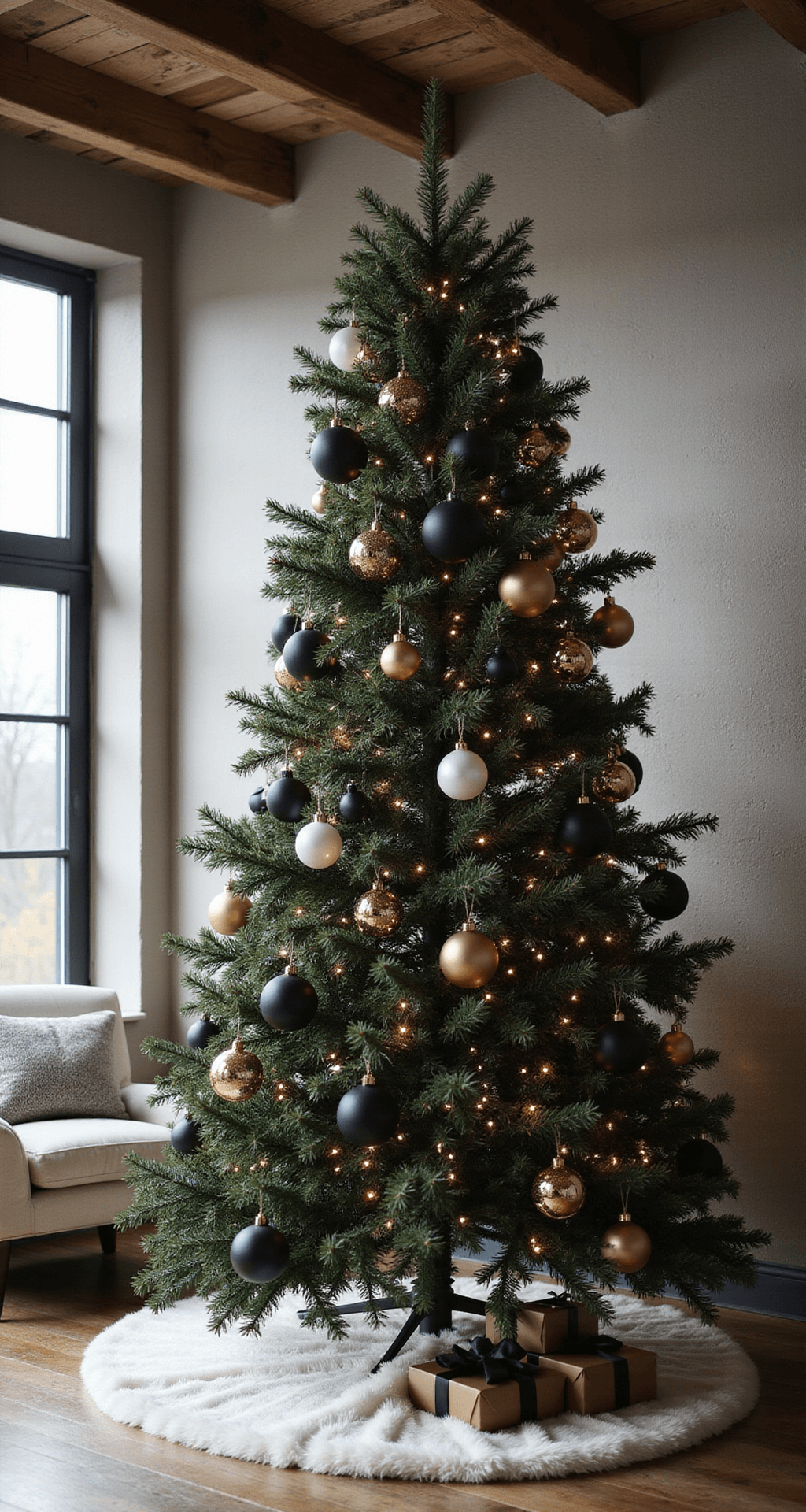 Black and Gold Christmas Tree: The Sophisticated Holiday Statement Your Living Room Desperately Needs A moody interior of a modern farmhouse living room featuring a black and gold Christmas tree with matte black and brushed gold ornaments, white pearl accents, and gold magnolia picks, set against exposed wooden beams and neutral walls, illuminated by soft natural light, with a white faux fur tree skirt and wrapped gifts.