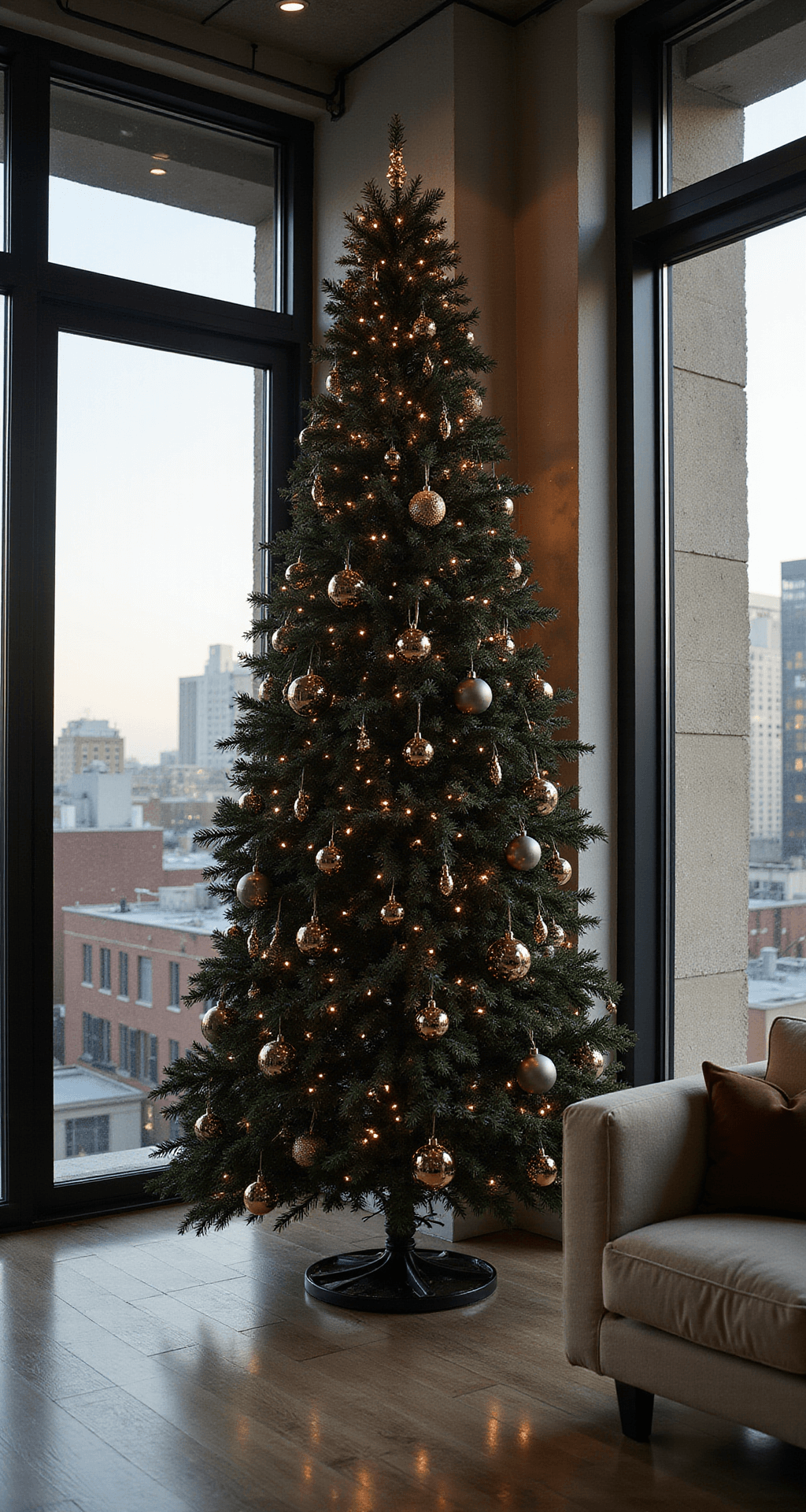 Black and Gold Christmas Tree: The Sophisticated Holiday Statement Your Living Room Desperately Needs A sleek urban loft features a striking black and gold Christmas tree, elegantly adorned with meticulously placed ornaments, against a backdrop of floor-to-ceiling windows and city views.