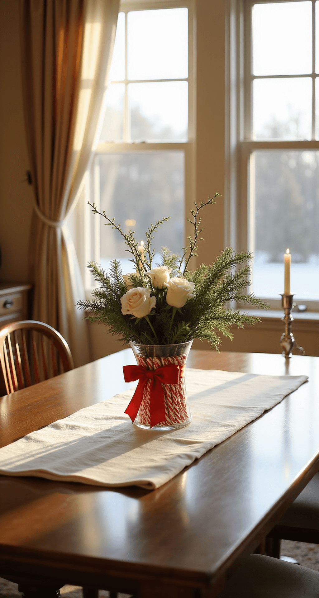 Candy Cane Centerpiece Ideas That'll Make Your Holiday Table the Talk of the Town Ultra-detailed view of an elegant holiday dining room featuring a polished hardwood floor, soft cream walls, and an elegant dining table adorned with a classic white linen runner. A central glass vase wrapped with red and white striped candy canes and accented with a satin red ribbon holds fresh white roses and pine branches. Soft golden winter light filters through frosted windows, illuminating silver candlesticks on the table edges, creating a warm and festive atmosphere.