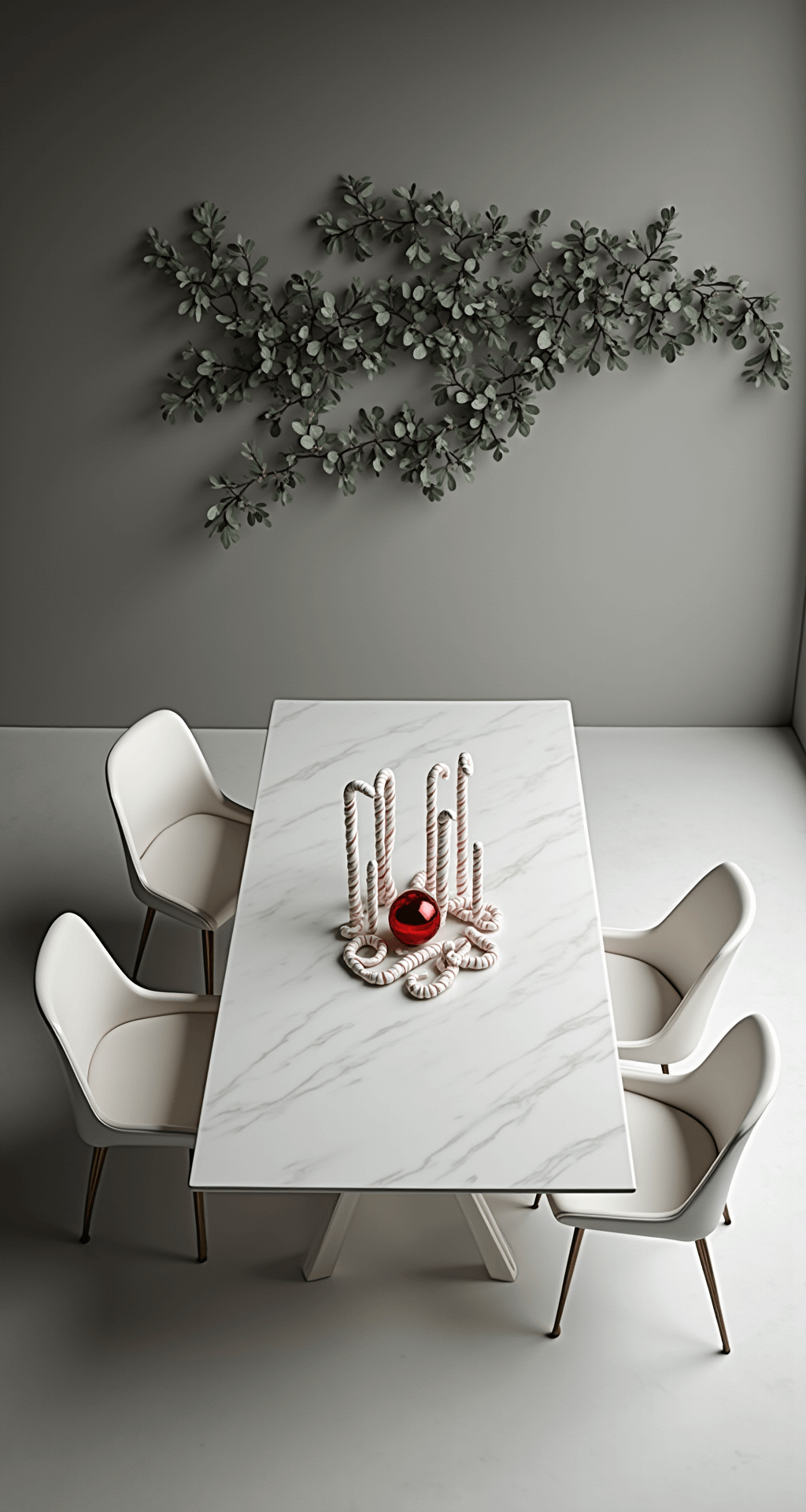 Candy Cane Centerpiece Ideas That'll Make Your Holiday Table the Talk of the Town Minimalist modern dining space featuring a pure white marble table and geometric chairs, with all-white candy canes arranged in a circular pattern and a single red glass ornament in the center, set against a slate gray wall with eucalyptus leaves for contrast, captured in a wide overhead shot.
