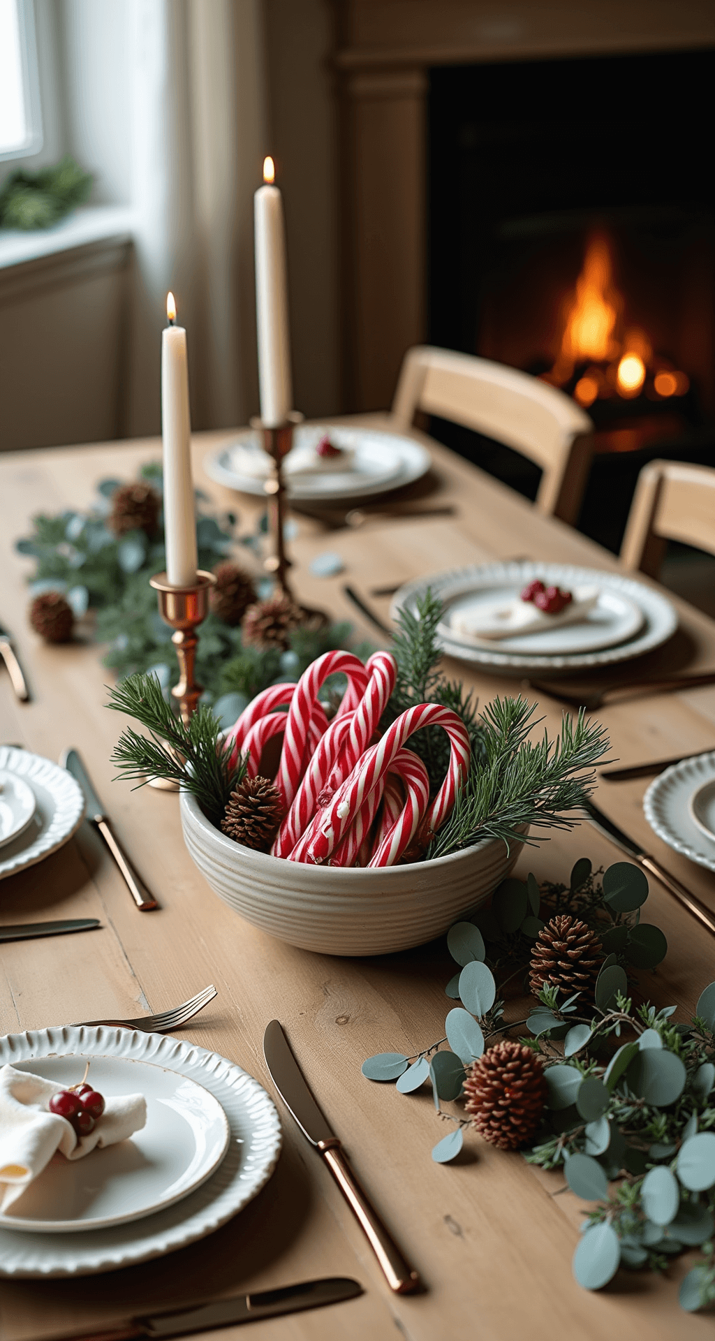 Candy Cane Centerpiece Ideas That'll Make Your Holiday Table the Talk of the Town Rustic dining setting featuring a distressed wood farmhouse table adorned with a low ceramic bowl of candy canes, pine branches, winterberries, and eucalyptus leaves, complemented by scattered pinecones and soft cream linen napkins, with a warm fireplace and copper candle holders in the background, softly lit by natural daylight.