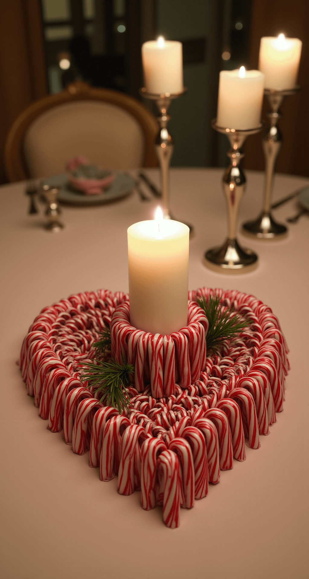 Candy Cane Centerpiece Ideas That'll Make Your Holiday Table the Talk of the Town Intimate dining table adorned with a heart-shaped candy cane centerpiece and a white pillar candle, surrounded by vintage silver candelabras and pine sprigs, set against a soft blush pink tablecloth in warm amber lighting.