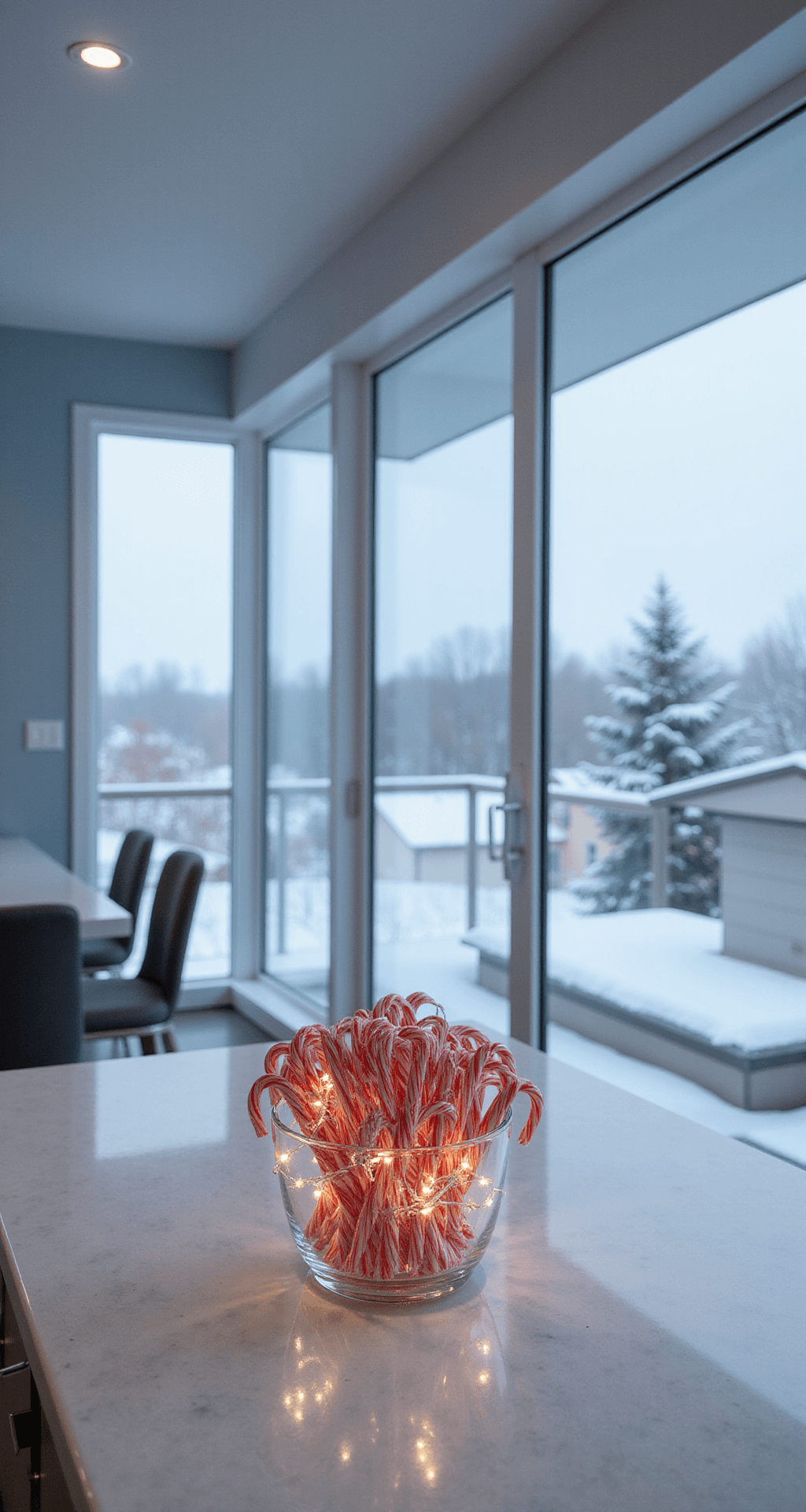 Candy Cane Centerpiece Ideas That'll Make Your Holiday Table the Talk of the Town Contemporary open-concept kitchen and dining area featuring expansive windows with a snowy landscape view, a clear glass bowl of red and white candy canes, delicate fairy lights, sleek marble countertops, and minimalist stainless steel chairs, against a soft blue-gray wall backdrop.
