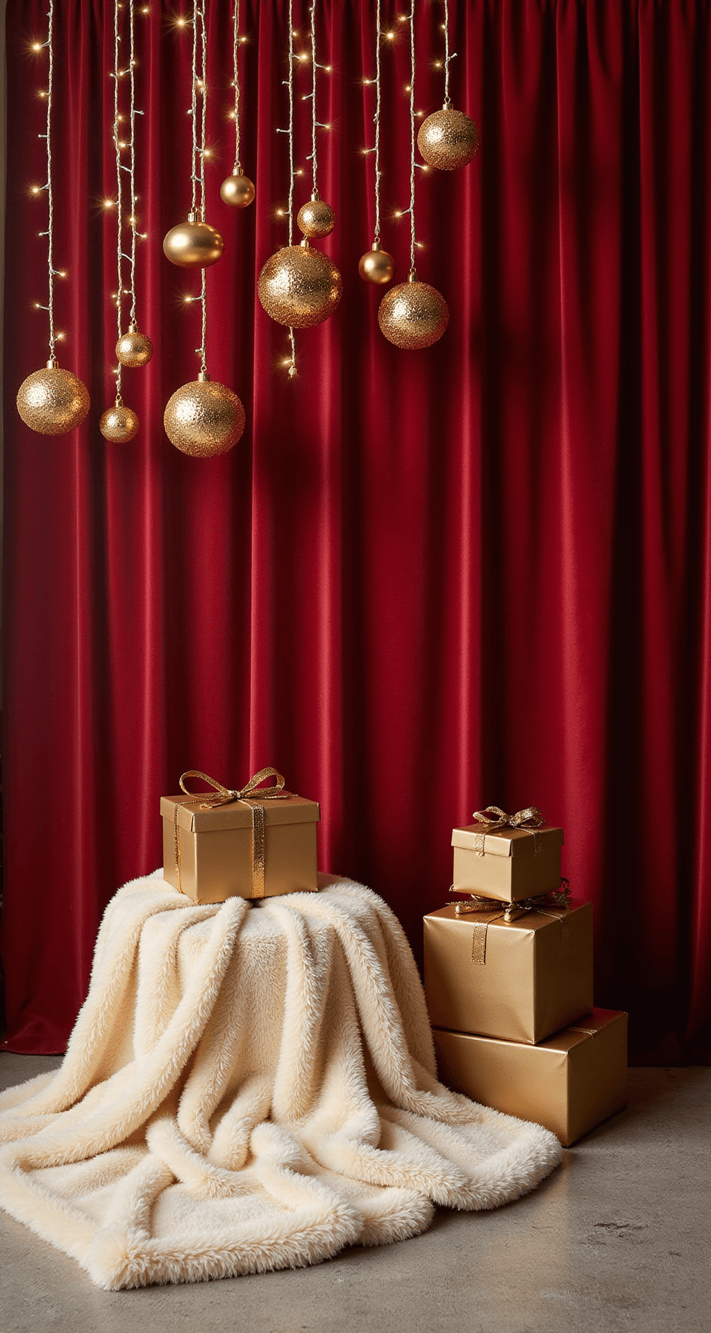 Christmas Party Backdrop Ideas That'll Make Your Holiday Photos Absolutely Stunning Elegant living room featuring a deep red velvet backdrop with gold ornaments, warm white string lights, cream faux fur throws, and stacked gold gift boxes, captured at a 45-degree angle with soft bokeh.