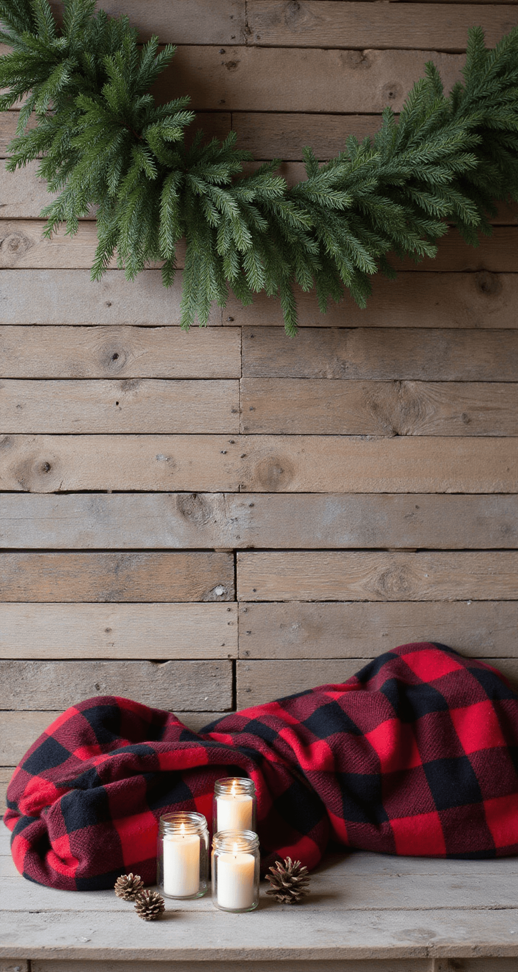 Christmas Party Backdrop Ideas That'll Make Your Holiday Photos Absolutely Stunning Cozy cabin-style interior with a weathered wooden pallet backdrop, fresh pine garland, buffalo check blankets, mason jars with flickering candles, and natural pinecones, all softly lit to showcase warmth and texture.
