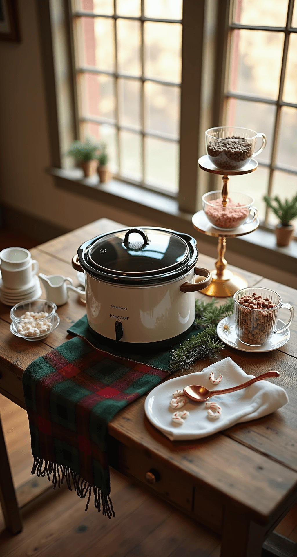 How I Learned to Stop Worrying and Build the Perfect Christmas Hot Chocolate Bar Photorealistic overhead view of a rustic farmhouse kitchen hot chocolate bar featuring a programmable slow cooker on a distressed wooden table, surrounded by a three-tier white ceramic serving stand with marshmallows, chocolate chips, and crushed candy canes, all illuminated by golden late afternoon light streaming through large windows. Decorated with a plaid table runner in deep forest green and burgundy, soft evergreen branches, stacked white ceramic mugs, and a copper ladle on a kitchen towel, with warm ambiance from battery-operated string lights.