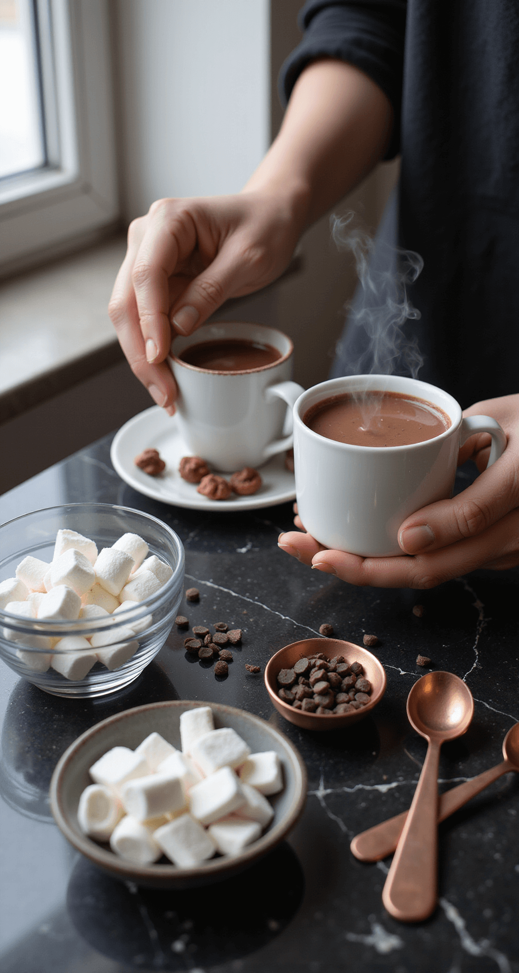 How I Learned to Stop Worrying and Build the Perfect Christmas Hot Chocolate Bar Close-up of a beautifully styled hot chocolate station featuring a white porcelain mug with steam rising, surrounded by three types of marshmallows in clear bowls, chocolate chips, and copper measuring spoons on a dark marble countertop, illuminated by soft winter light.