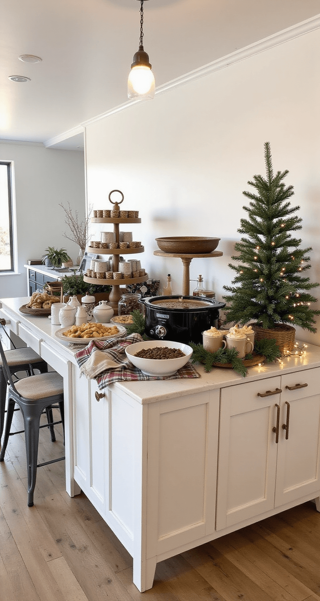 How I Learned to Stop Worrying and Build the Perfect Christmas Hot Chocolate Bar An inviting holiday hot chocolate bar in a modern farmhouse kitchen featuring a mug collection area, slow cooker pouring station, and multi-tiered topping display, accented with soft plaid textiles, evergreen decor, and fairy lights, all set against crisp white walls and wide-plank wooden floors.