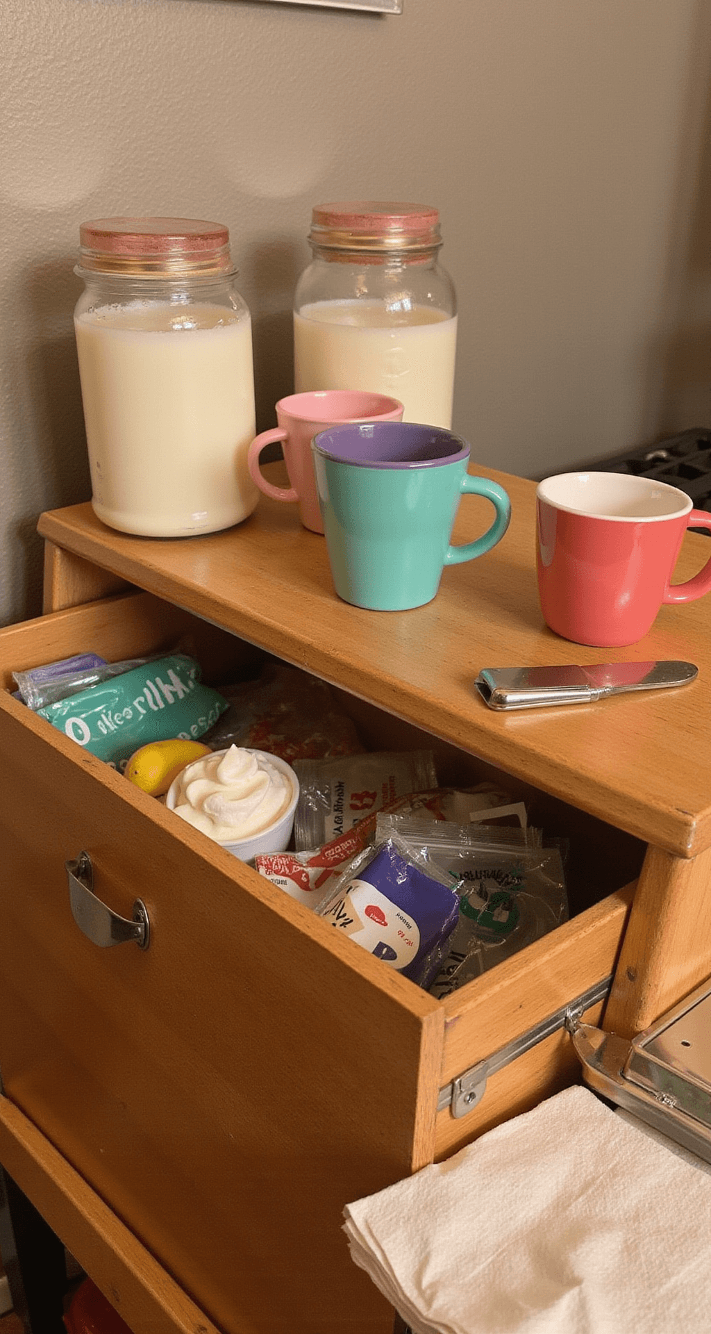 How I Learned to Stop Worrying and Build the Perfect Christmas Hot Chocolate Bar A cozy, child-friendly hot chocolate station at a lower height, featuring unbreakable colorful mugs, easy-grip topping containers, and a whipped cream station, all designed with soft rounded edges and bright colors, illuminated by warm kitchen lighting, photographed from a child's eye level to highlight its inviting and playful design.