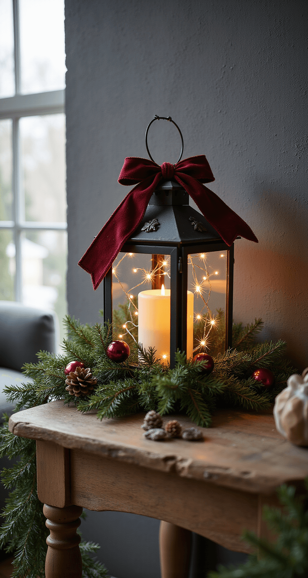 Christmas Lantern Decorating Ideas That Actually Work Ultra-detailed cozy living room interior featuring a rustic wooden console table with a sophisticated Christmas lantern display adorned with lush artificial pine garland, deep crimson baubles, and battery-operated LED string lights, against a textured charcoal gray wall, warm winter light filtering through large windows, highlighted by velvet burgundy ribbon and foreground pine cone details.