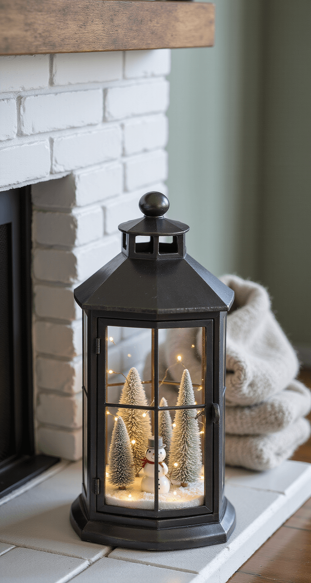 Christmas Lantern Decorating Ideas That Actually Work Intimate mantelscape featuring a sophisticated black metal lantern with a hammered metallic finish, showcasing a winter vignette inside, including a miniature snowman and bottle brush trees, illuminated by warm white LED lights through frosted glass panels, set against a modern farmhouse fireplace with white brick and muted sage green walls.