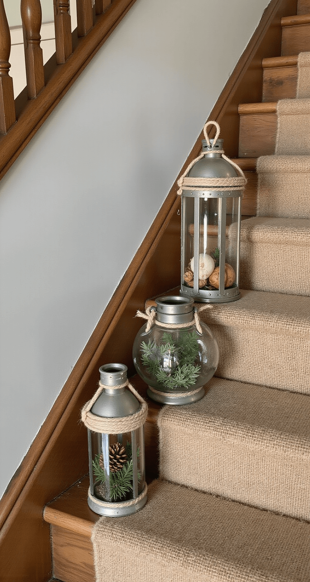 Christmas Lantern Decorating Ideas That Actually Work Rustic holiday lanterns arranged symmetrically on a wooden staircase landing, each filled with unique winter elements like pine cones, berry sprigs, greenery, and vintage ornaments, all under soft winter afternoon light, with a jute runner on the stairs and a warm wooden banister, creating a cozy, inviting atmosphere.