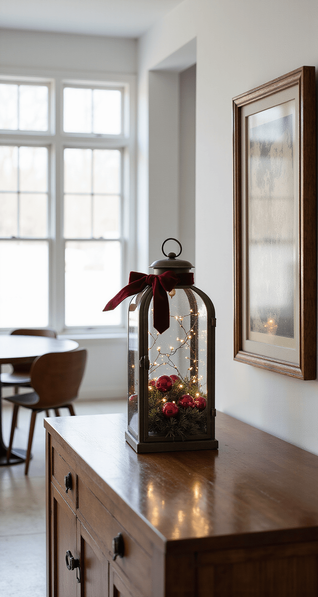 Christmas Lantern Decorating Ideas That Actually Work A sophisticated dining room sideboard featuring a large glass lantern with an elegant winter scene, decorated with artificial garland, red baubles, battery string lights, and a burgundy velvet ribbon. The modern minimalist space includes white walls and mid-century modern furniture, bathed in soft natural light from large windows.