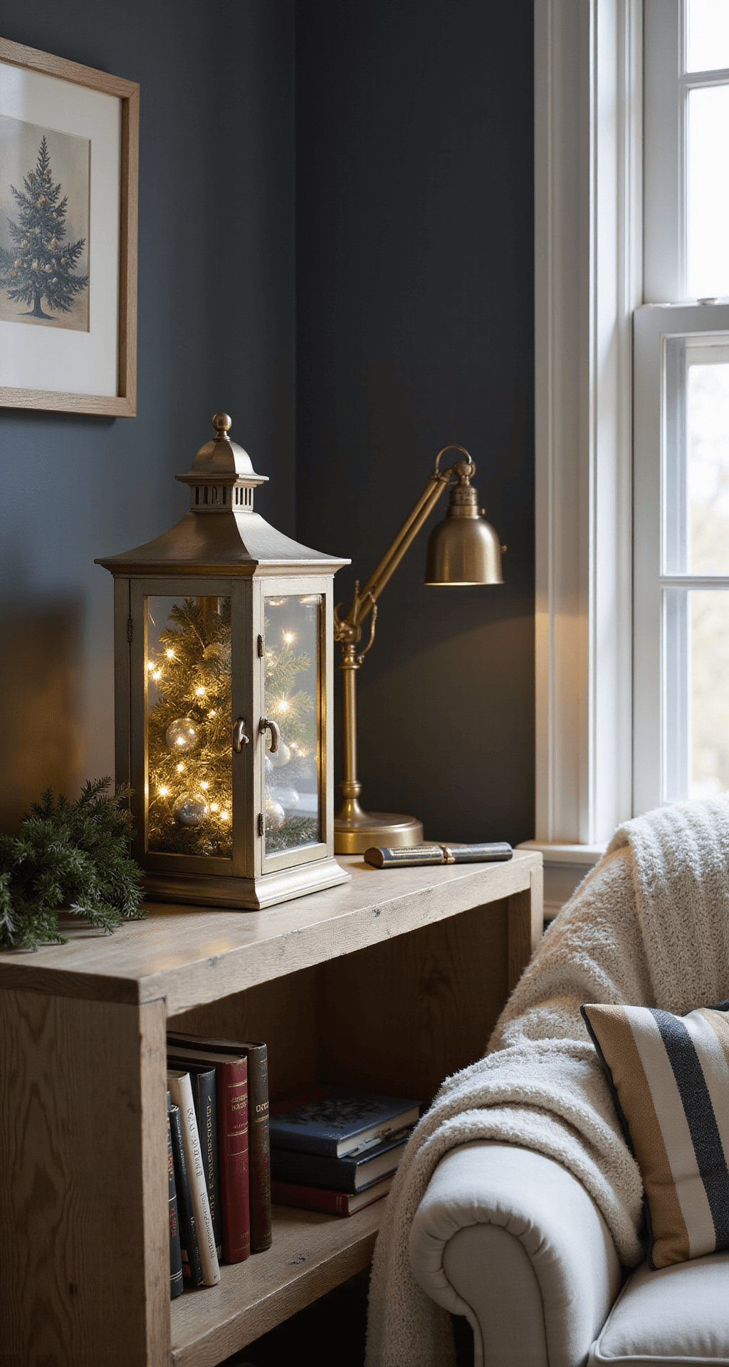 Christmas Lantern Decorating Ideas That Actually Work Cozy home office corner with a personalized Christmas lantern filled with vintage ornaments, soft greenery, and battery-operated lights on a weathered bookshelf against a charcoal gray wall. A soft wool throw and a brass desk lamp add warmth, while late afternoon winter light filters through the nearby window.