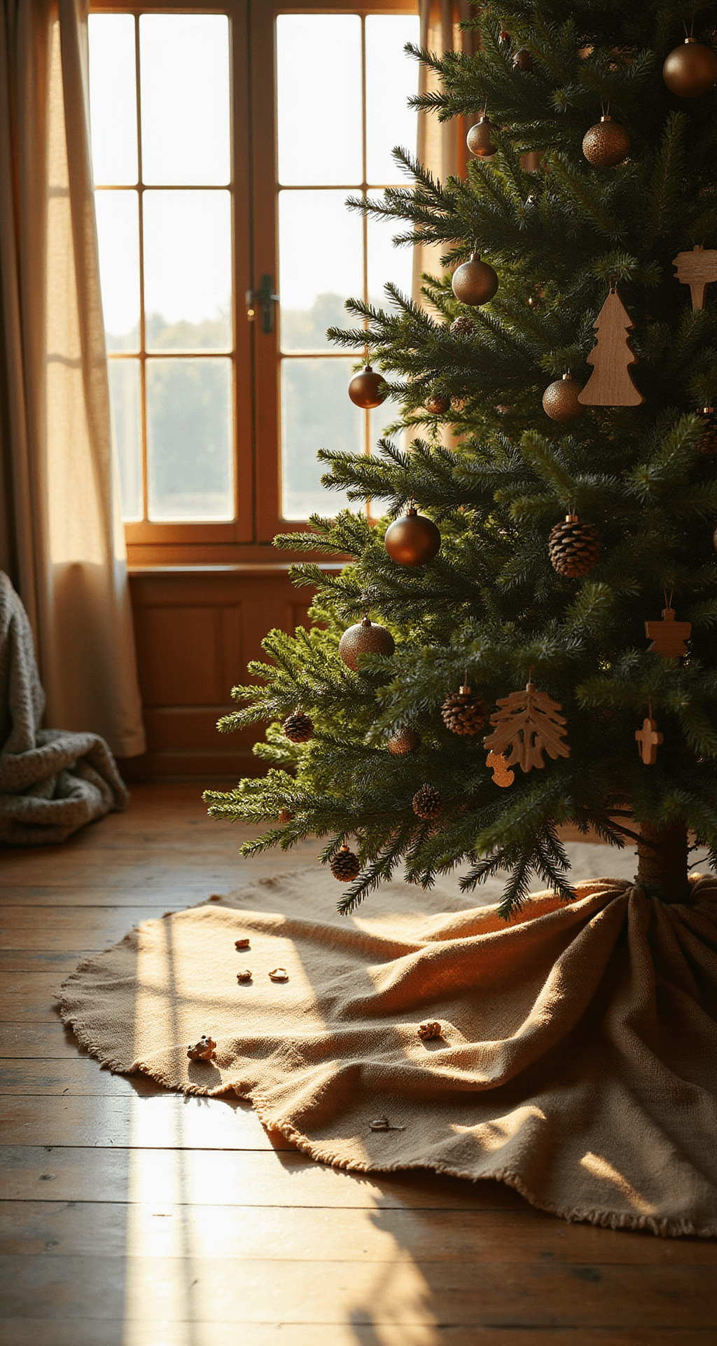 Rustic Christmas Tree Skirts: The Cozy Foundation Your Holiday Tree Deserves A warm and inviting farmhouse living room during golden hour, featuring a beautifully decorated Christmas tree with a textured burlap skirt, scattered pinecones, and vintage wooden ornaments, bathed in soft light with neutral linen curtains and rustic wooden furniture in the background.