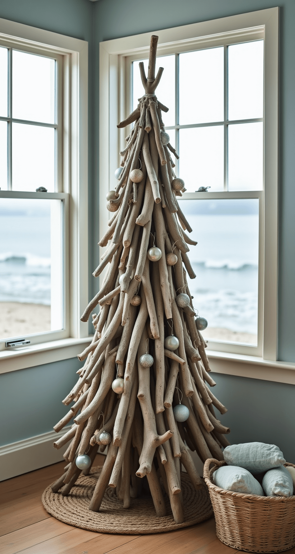 Rustic Christmas Tree Skirts: The Cozy Foundation Your Holiday Tree Deserves A rustic coastal Christmas scene featuring a driftwood tree collar in a white-washed beach cottage, with muted sea glass ornaments, sandy-toned hardwood floors, and large windows showcasing a misty ocean view, all bathed in soft, natural light.