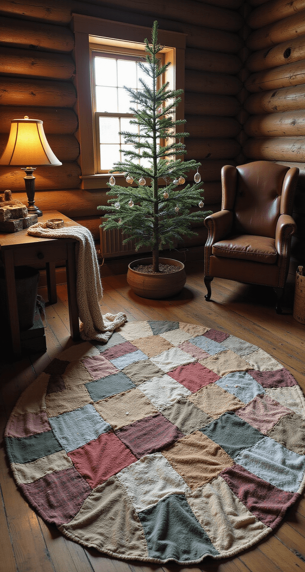 Rustic Christmas Tree Skirts: The Cozy Foundation Your Holiday Tree Deserves A cozy vintage cabin interior featuring a handmade patchwork tree skirt, rich in muted plaid and floral fabrics, with an antique side table and a hand-knitted throw. Warm glow from an amber lamp illuminates the space with exposed log walls and a worn leather armchair in the background. A pine tree adorned with vintage glass ornaments stands under soft winter light filtering through a small window, accentuating aged brass details and the textured wooden floor.