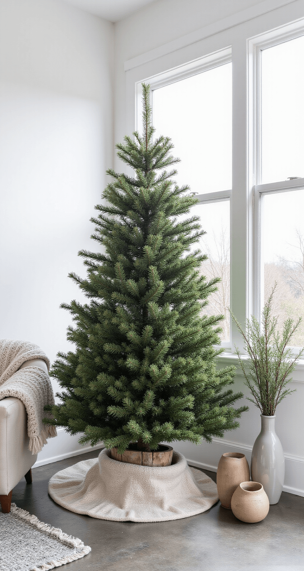 Rustic Christmas Tree Skirts: The Cozy Foundation Your Holiday Tree Deserves A modern farmhouse Christmas scene featuring a pine tree in a weathered wood collar against crisp white walls, complemented by natural linen textures, oversized knit throws, and simple ceramic vases with pine branches, all bathed in soft natural light.