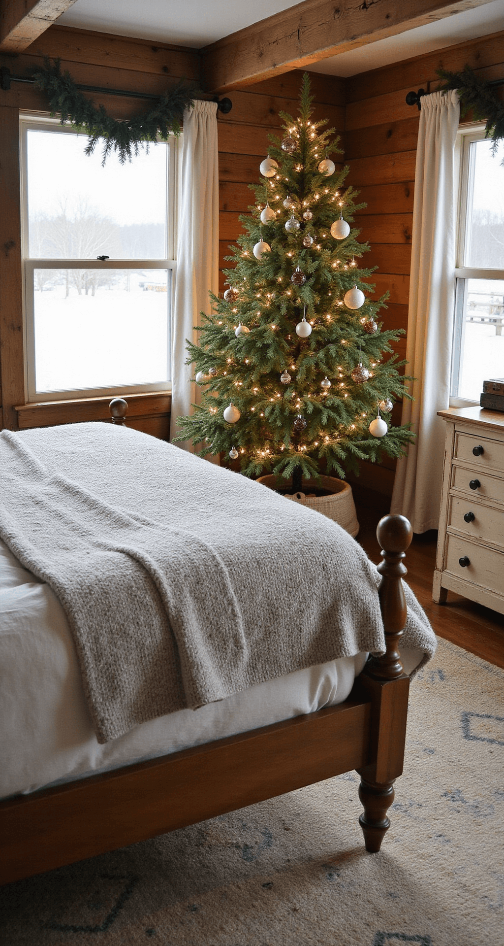 Rustic Christmas Tree Skirts: The Cozy Foundation Your Holiday Tree Deserves Cozy Christmas cabin bedroom featuring a hand-upcycled sweater tree skirt, soft knitted textures, vintage wool blankets, distressed wooden furniture, and morning light through frosted windows, complemented by handmade ceramic ornaments and natural pine garlands, all set against a warm color palette.