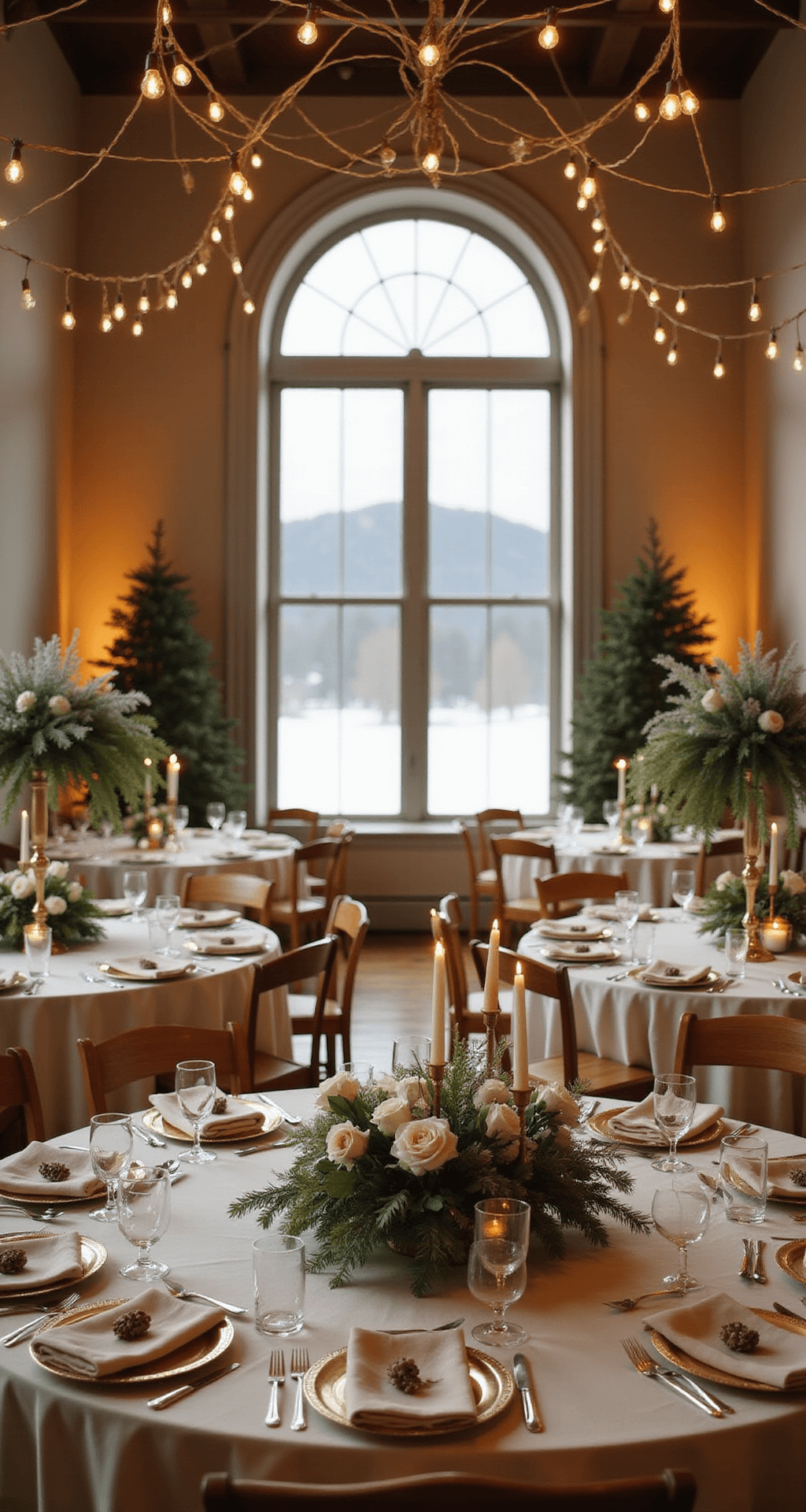 Christmas Wedding Reception Ideas That'll Make Your Holiday "I Do" Absolutely Magical An elegant wedding reception hall features tall arched windows with a winter landscape outside, rounded tables adorned with ivory linens and gold-rimmed plates, tall gold candlesticks with flickering candles, and lush greenery centerpieces. Warm white string lights create a starry effect overhead, captured in soft focus for a romantic ambiance.