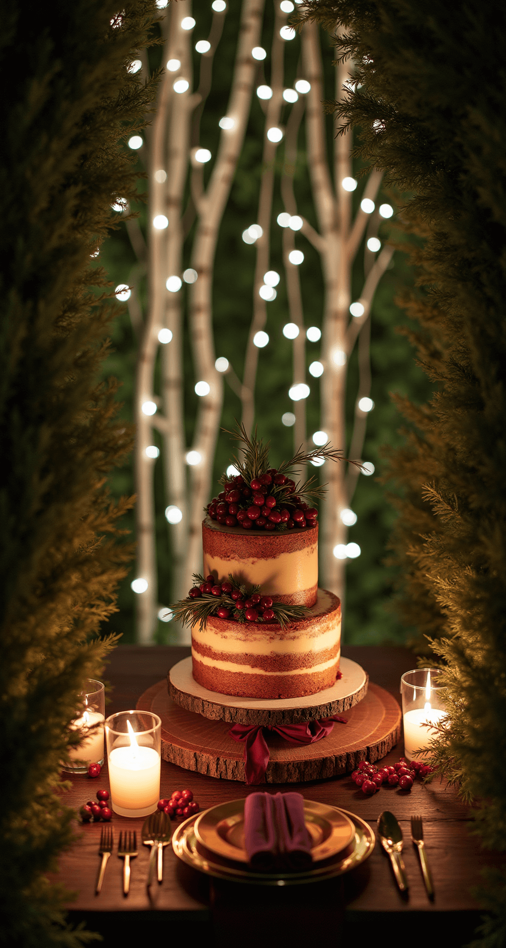 Christmas Wedding Reception Ideas That'll Make Your Holiday "I Do" Absolutely Magical Intimate close-up of a sweetheart table surrounded by fresh evergreen branches, with birch trees and string lights in the background, featuring a naked wedding cake decorated with cranberries and rosemary, in a burgundy and gold color palette, enhanced by soft candlelight and metallic gold chargers.