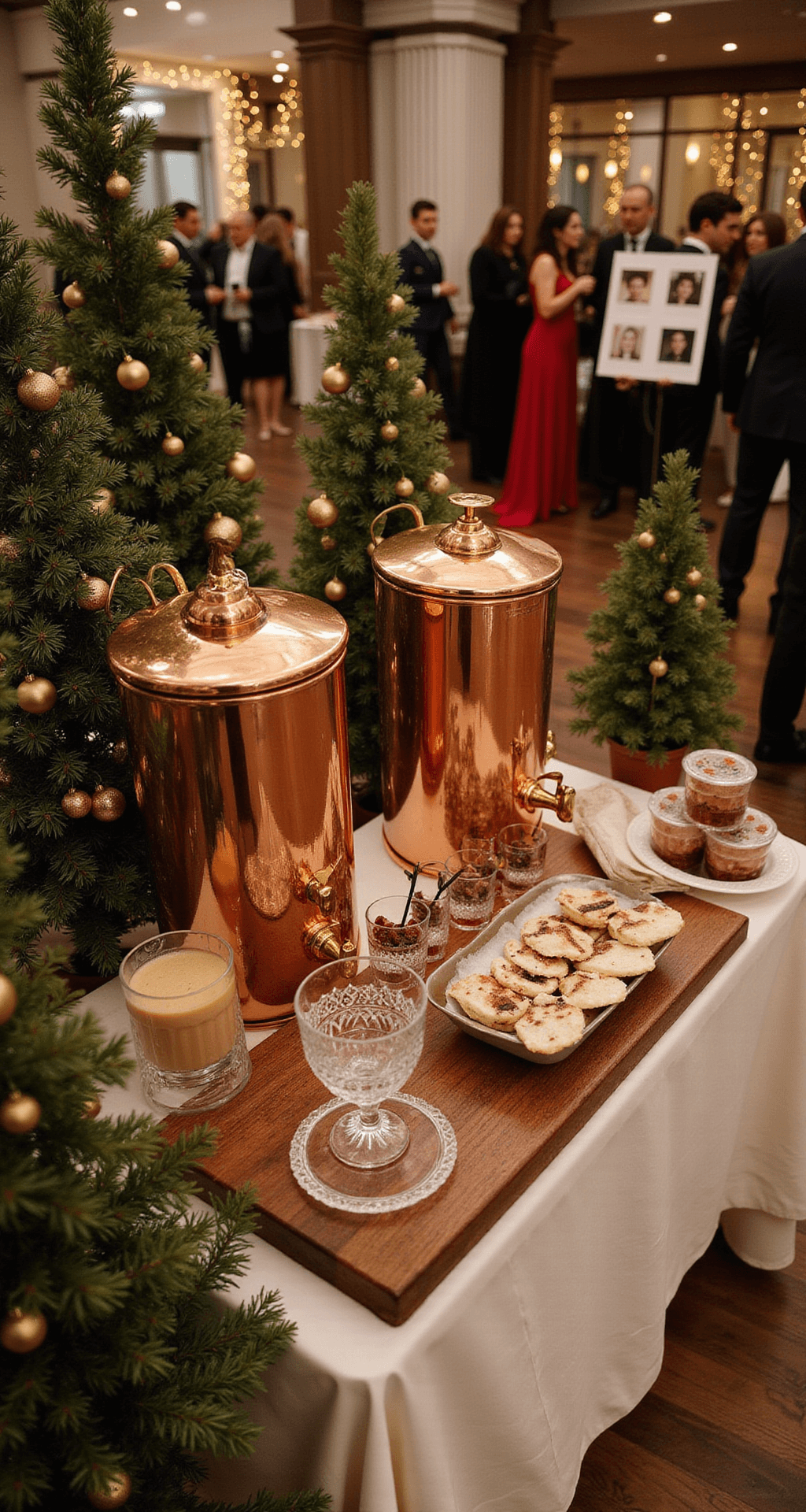 Christmas Wedding Reception Ideas That'll Make Your Holiday "I Do" Absolutely Magical Dramatic overhead view of a luxurious Christmas wedding reception's food and drink station with a hot chocolate bar, copper dispensers, and adult liqueur add-ins, surrounded by mini evergreen trees, amber lighting, and gold ornaments, featuring a Polaroid photo station with festive props and elegantly dressed guests mingling in the background.