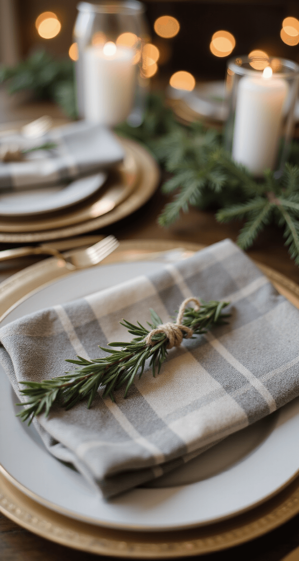 Christmas Wedding Reception Ideas That'll Make Your Holiday "I Do" Absolutely Magical Elegant table setting with muted plaid napkins in grey and cream, gold flatware, white plates on gold-rimmed chargers, and a sprig of rosemary tied with twine, set against a soft, blurred candlelit background with string lights, showcasing sophisticated Christmas wedding styling.