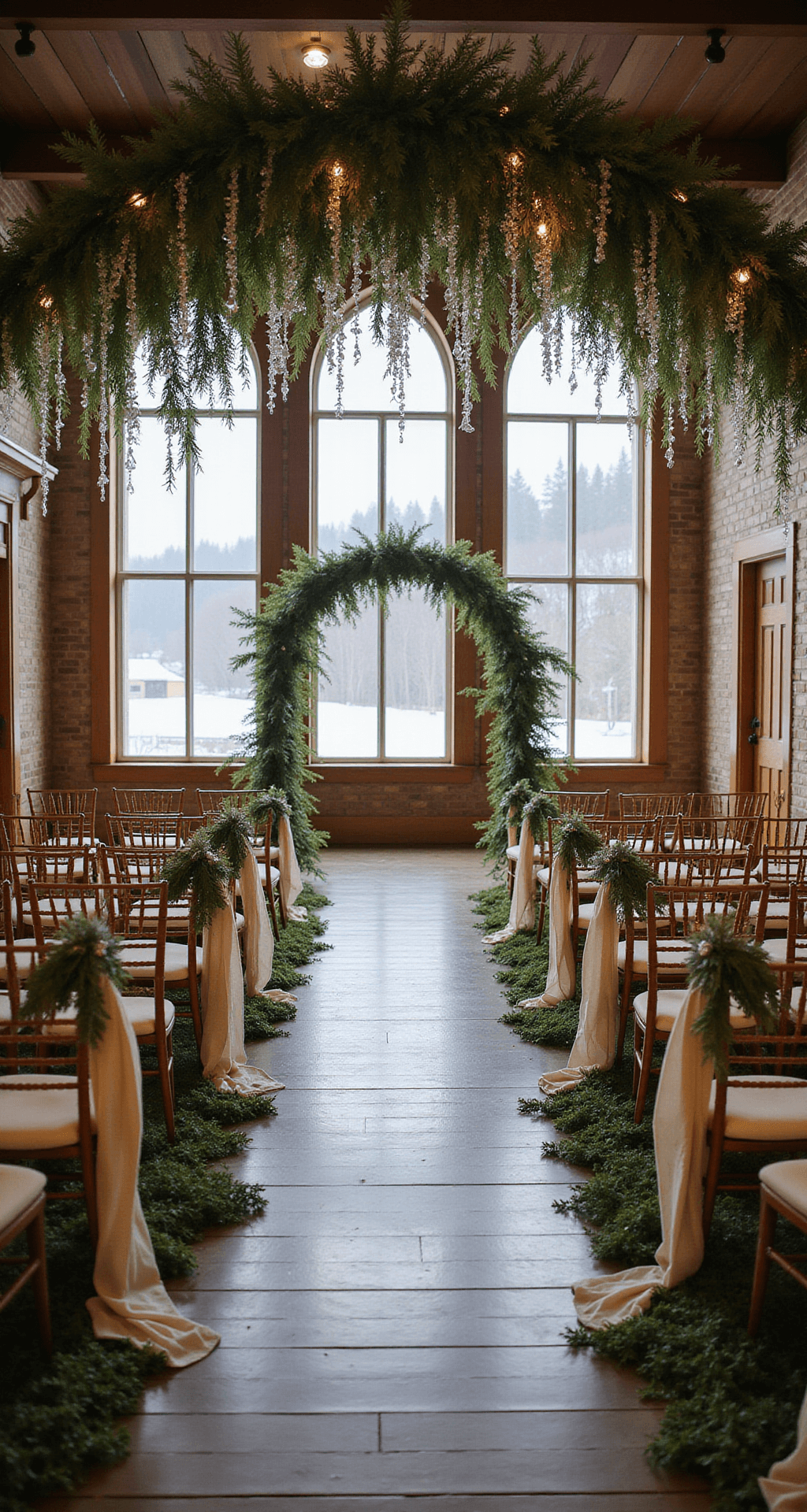 Christmas Wedding Reception Ideas That'll Make Your Holiday "I Do" Absolutely Magical Romantic winter wedding ceremony space featuring fresh greenery on stair railings, velvet ribbons, soft ivory blankets on chairs, large arched windows with snowy views, warm amber uplighting, and a suspended greenery installation with crystal ornaments, creating an ethereal forest-like atmosphere.