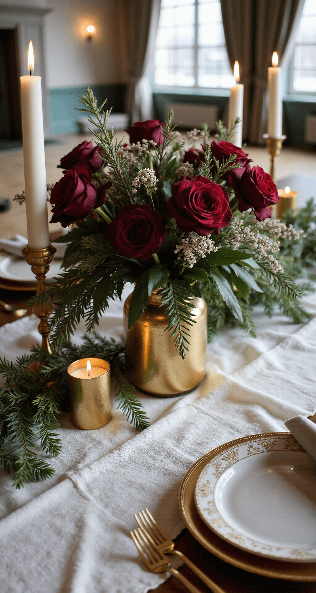 Christmas Wedding Centerpieces That'll Make Your Guests Stop Mid-Bite A luxurious wedding reception table adorned with deep burgundy roses and amaryllis in gold-rimmed mercury glass vases, layered over a knitted white table runner. Soft candlelight illuminates the scene, complemented by cascading eucalyptus and pine branches, all captured from a 45-degree overhead angle with natural light streaming in.