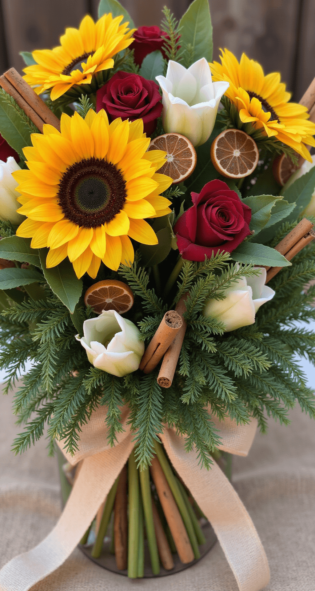 Christmas Wedding Centerpieces That'll Make Your Guests Stop Mid-Bite A rustic farmhouse Christmas wedding centerpiece featuring sunflowers, red and white amaryllis, magnolia leaves, and cedar sprigs, accented with cinnamon sticks and dried orange slices, tied together with burlap ribbon, all captured in warm, golden afternoon light.